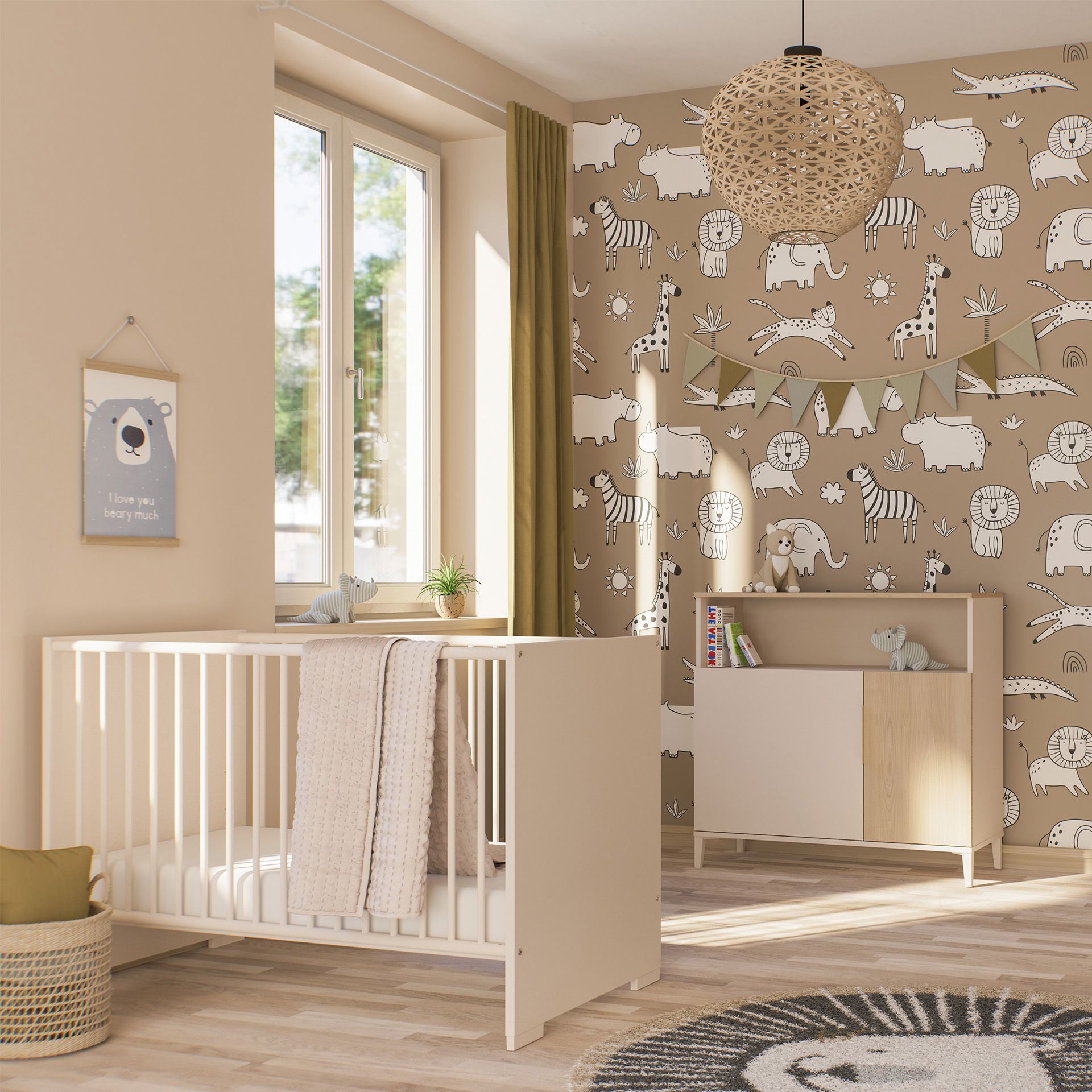 Wickelkommode Pomeline mit 2 Türen und 1 offenen Fach Modernes Kinderzimmer mit Tiertapete, Kinderbett, Schrank und großem Fenster.