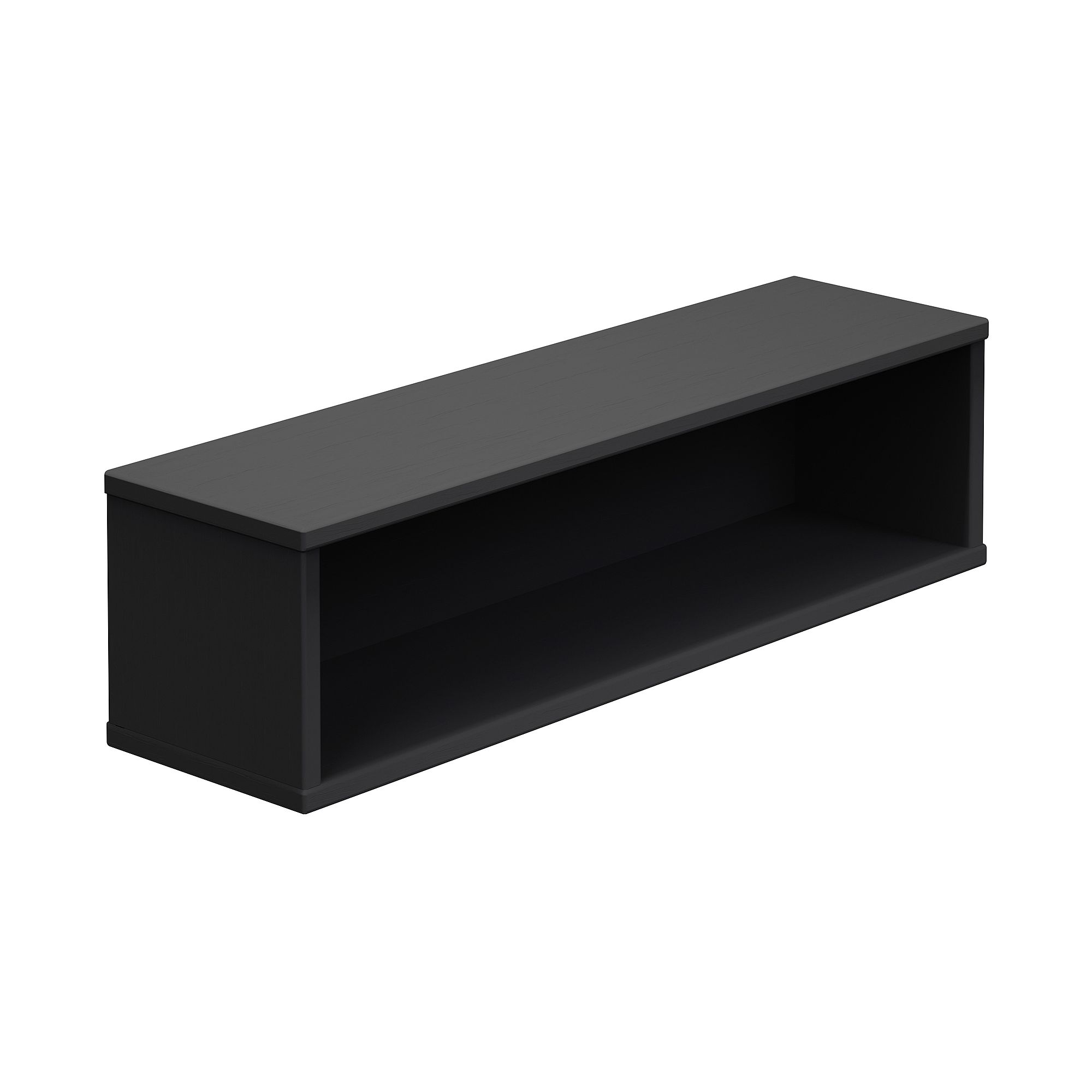 Black rectangular open shelf with a minimalist design, isolated on a white background.