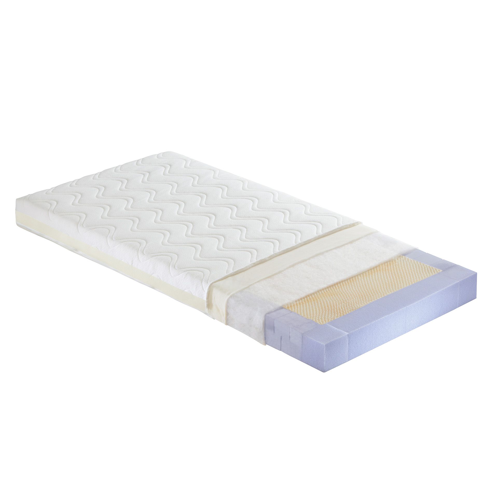 A mattress with a cutaway showing its internal foam and layered structure.