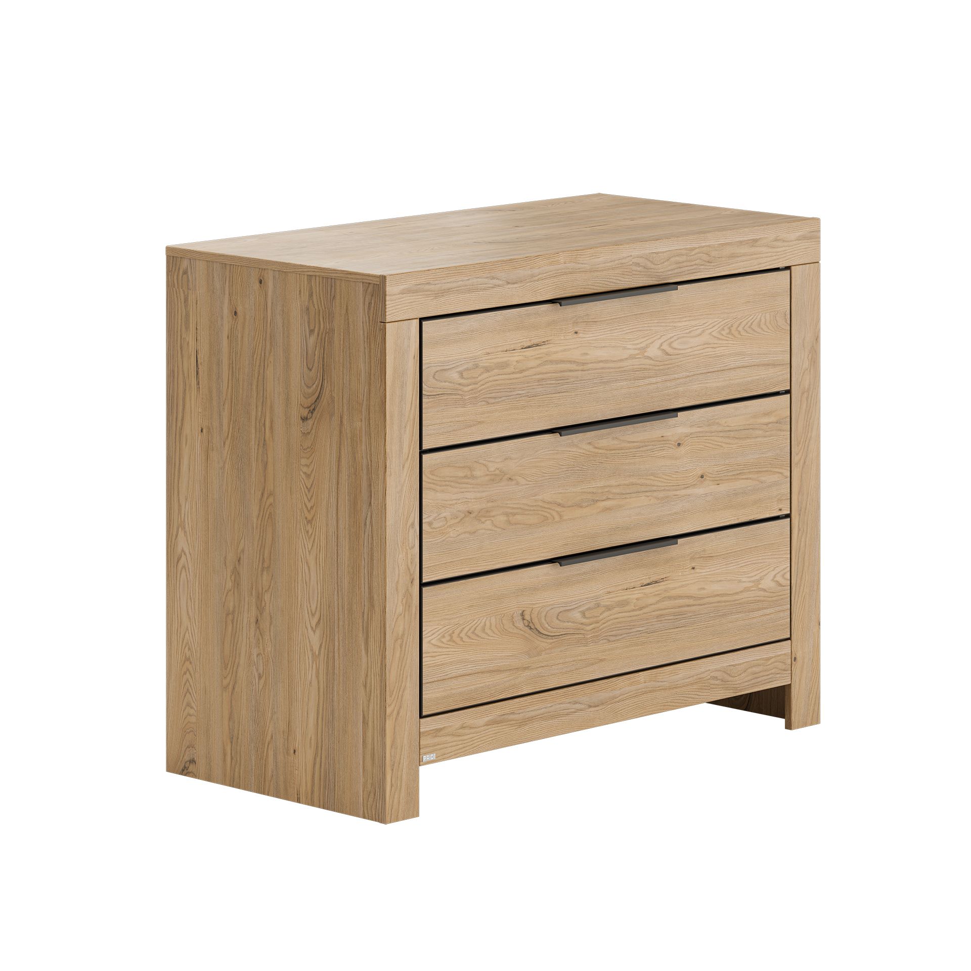 Kommode mit drei Schubladen aus hellem Holz mit einfachem und modernem Design auf weißem Hintergrund.
