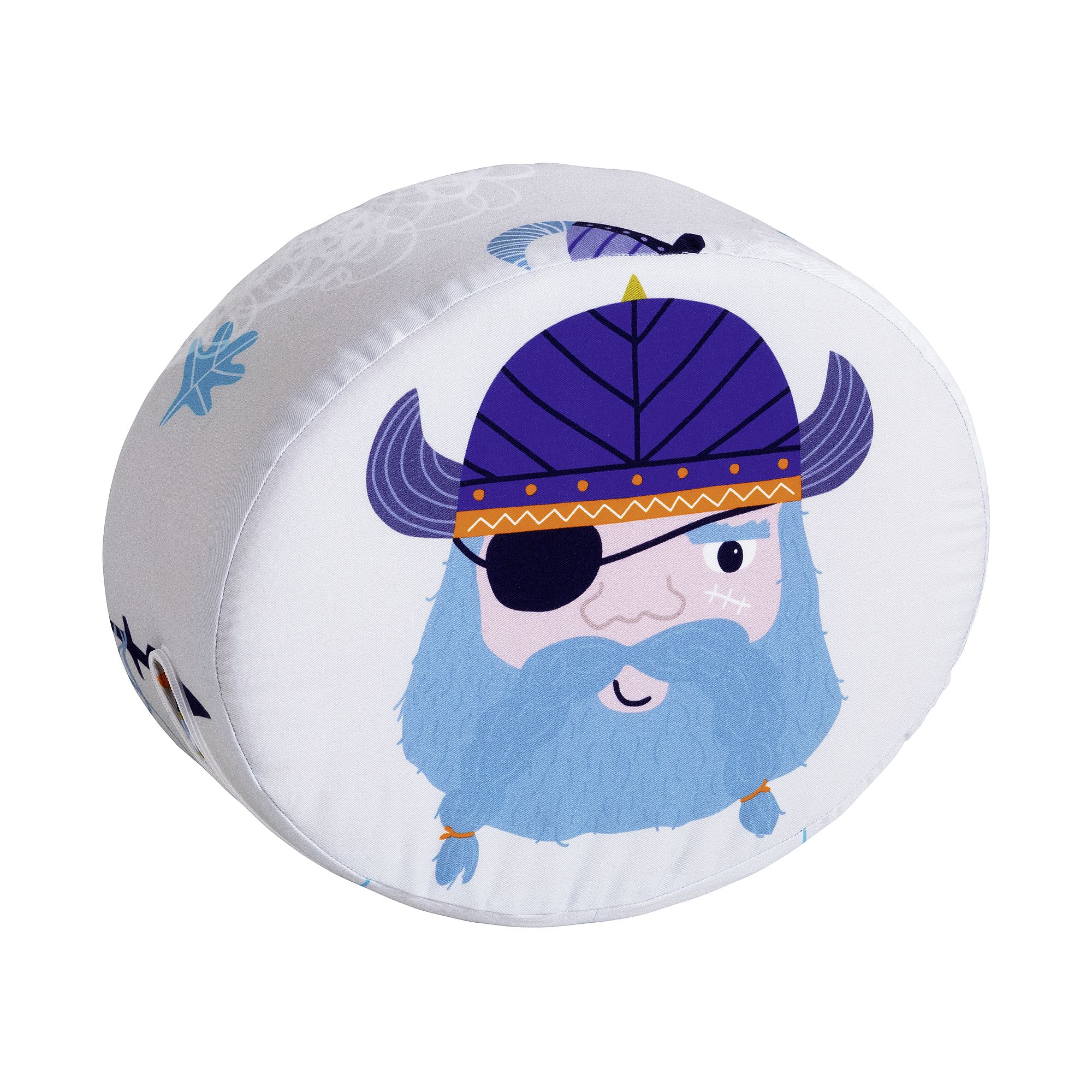 Steckkissen Baumwolle, Motiv "Wikinger", 35 x 28 x 12 cm, Wikinger Round cushion with a cartoon Viking face, blue beard, and purple helmet.