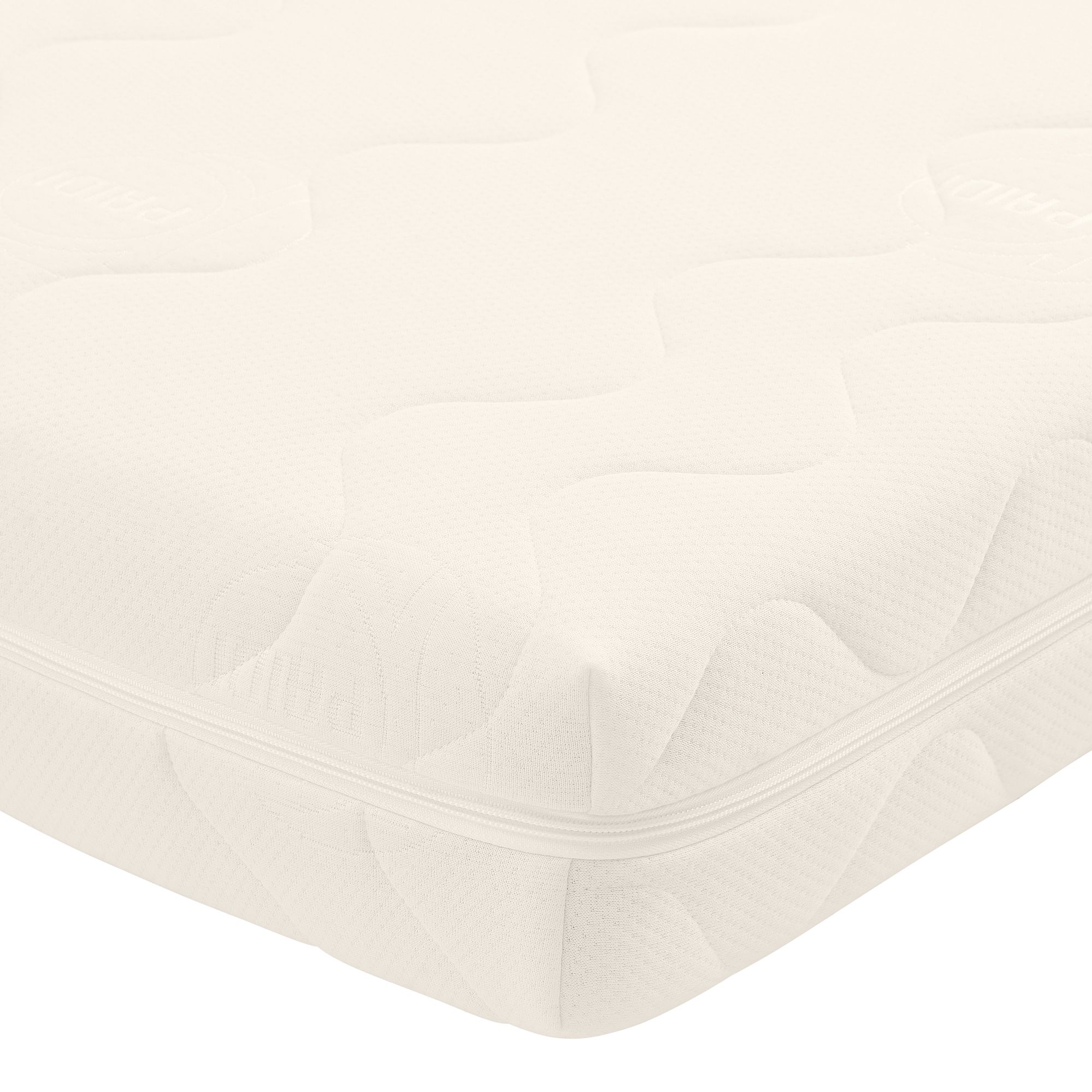 Matratze  Jugendmatratze Mehrzonen Kaltschaum in 140 x 200 cm Nahaufnahme einer weißen Matratze mit einer strukturierten, gesteppten Oberfläche und abgesteppten Mustern.