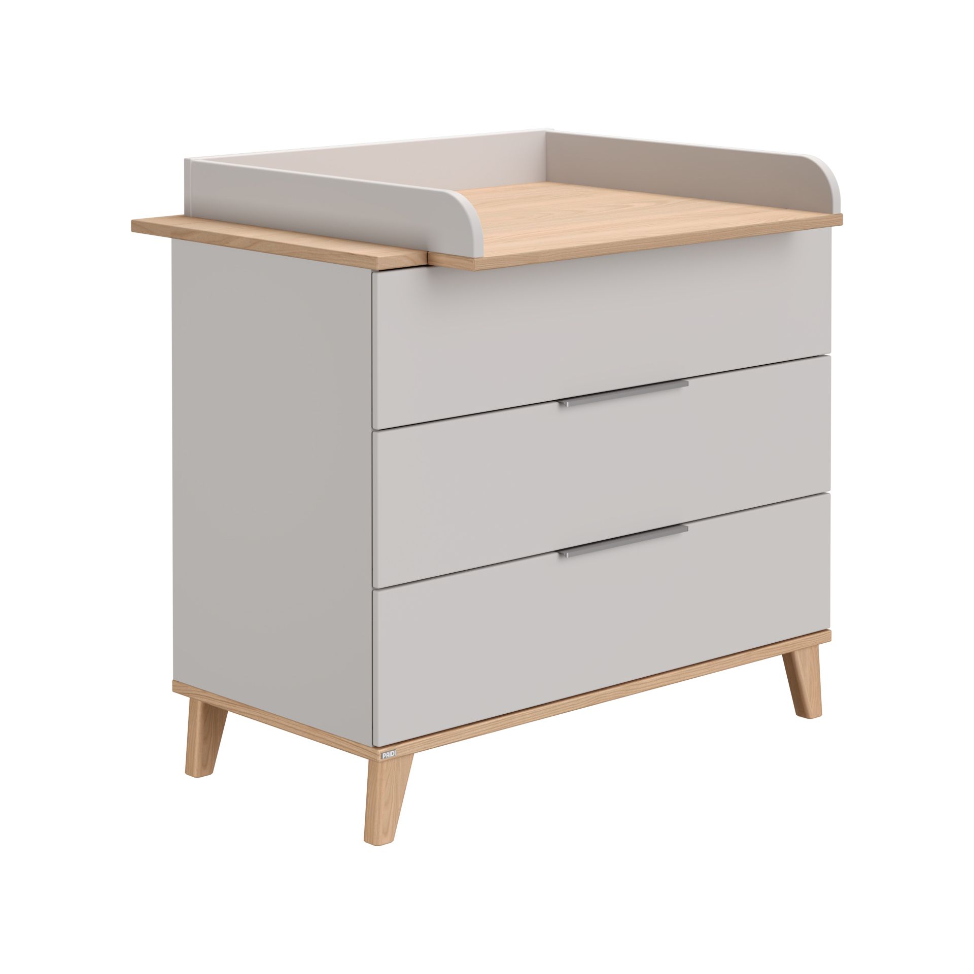 Wickelaufsatz Fiene für Kommode 3 Schubladen Moderne hellgraue Kommode mit drei Schubladen und Wickeltischplatte aus Holz.