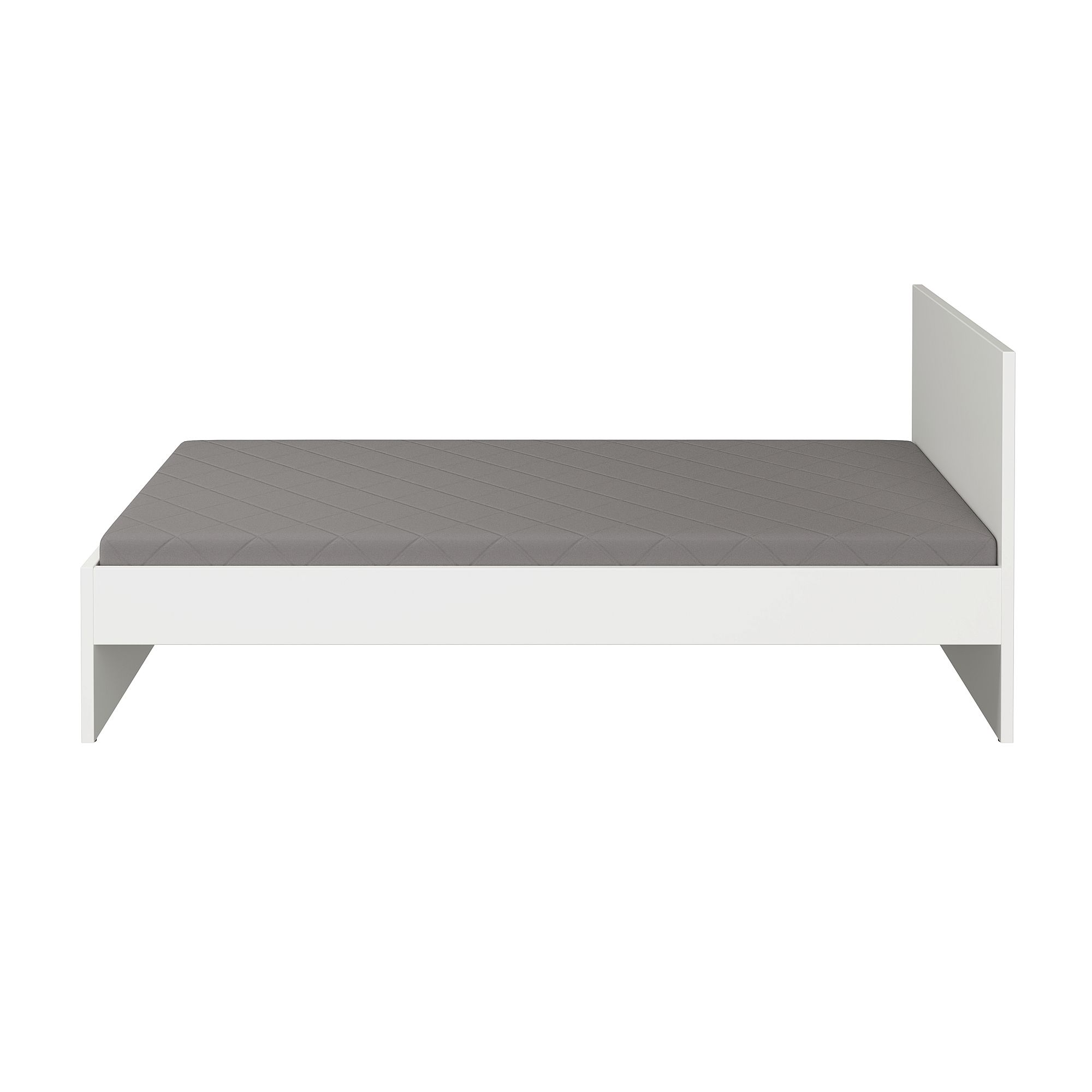 Minimalistischer weißer Bettrahmen mit einer grauen Matratze, von der Seite betrachtet.