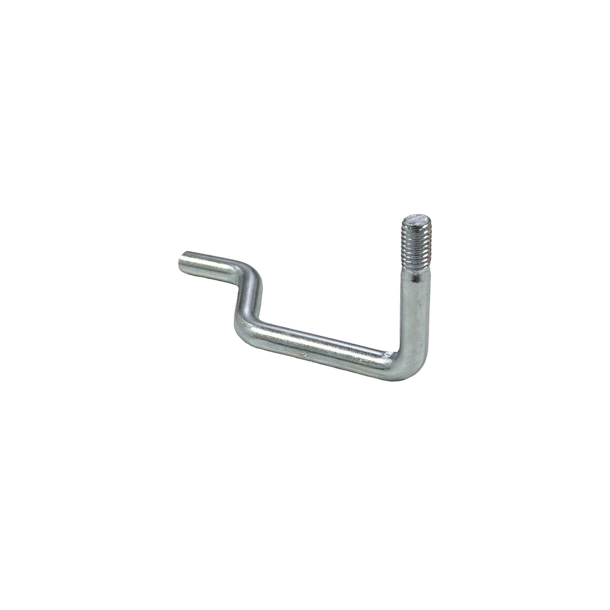 L-förmige Handkurbel aus Metall mit einem Gewindeende, isoliert auf weißem Hintergrund.