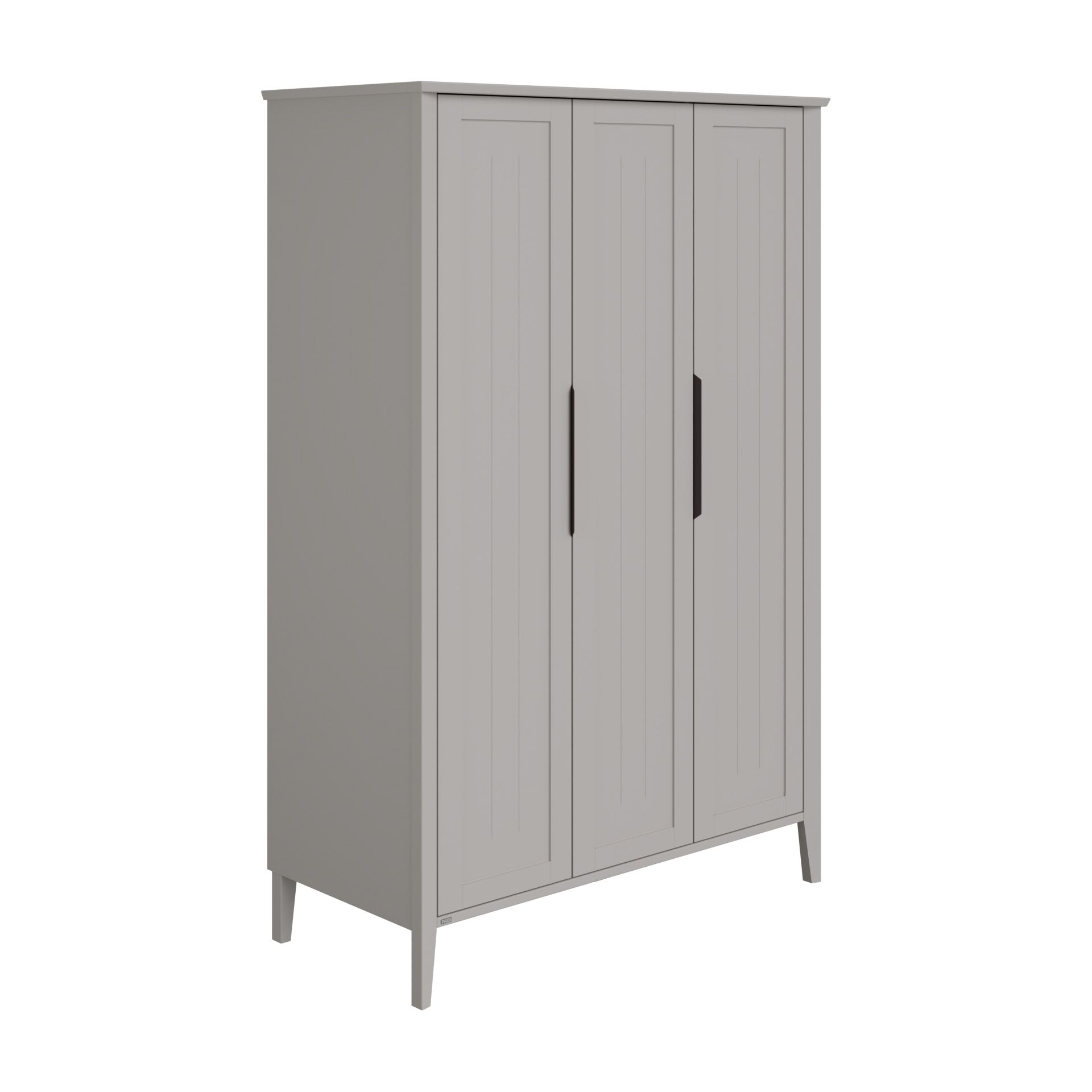Grauer dreitüriger Kleiderschrank mit schlichten vertikalen Paneelen und schlanken Beinen.