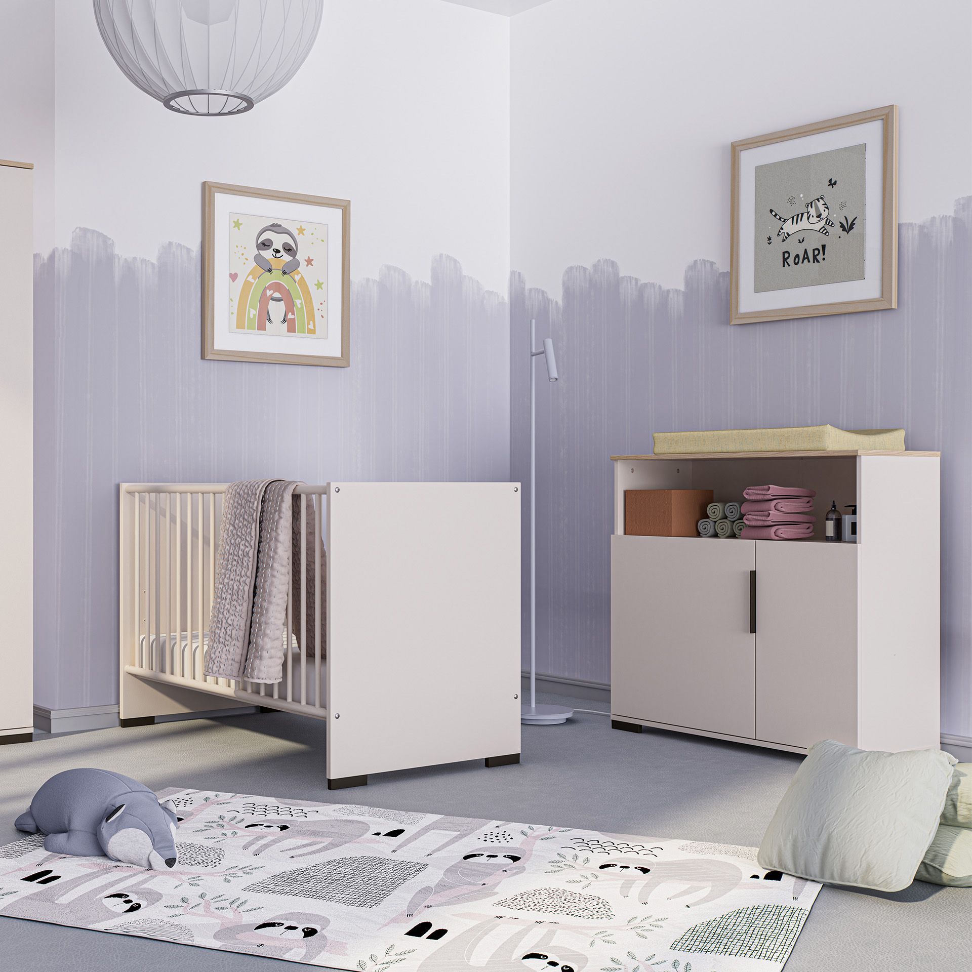 Modernes Kinderzimmer mit Kinderbett, Wickeltisch, Tierteppich und verspielter Wandkunst.
