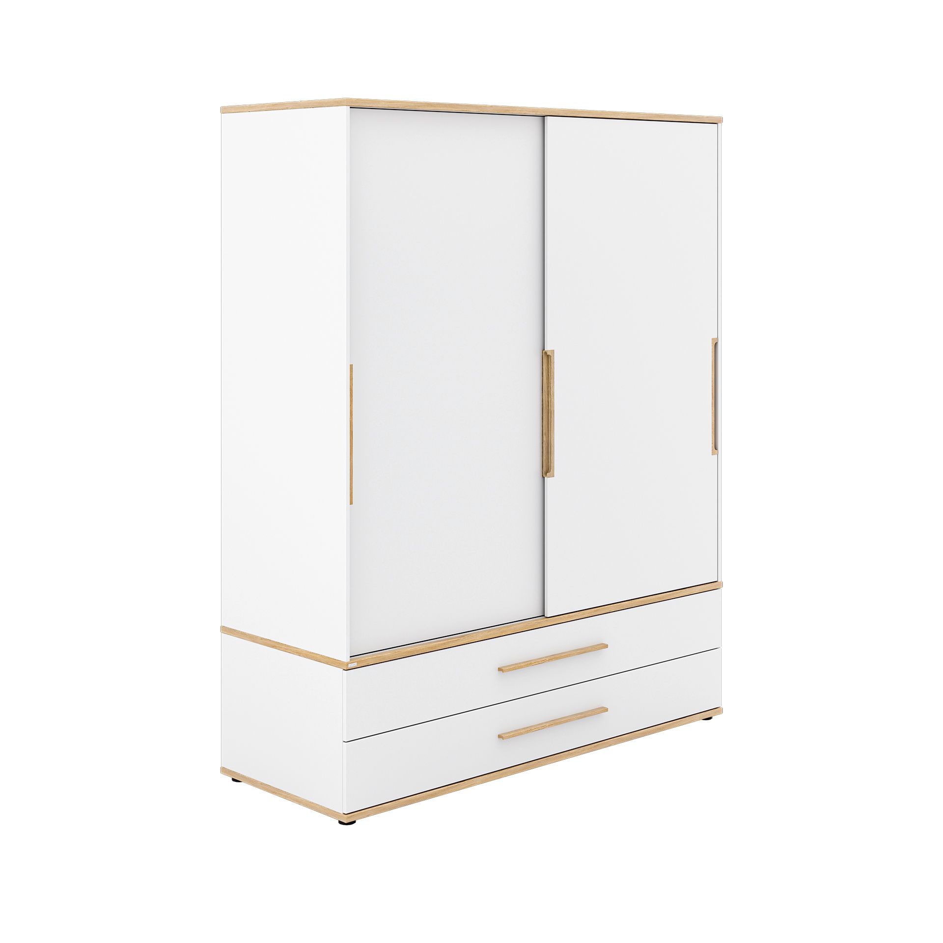 White wardrobe with sliding doors and two bottom drawers, accented with wood trim.
