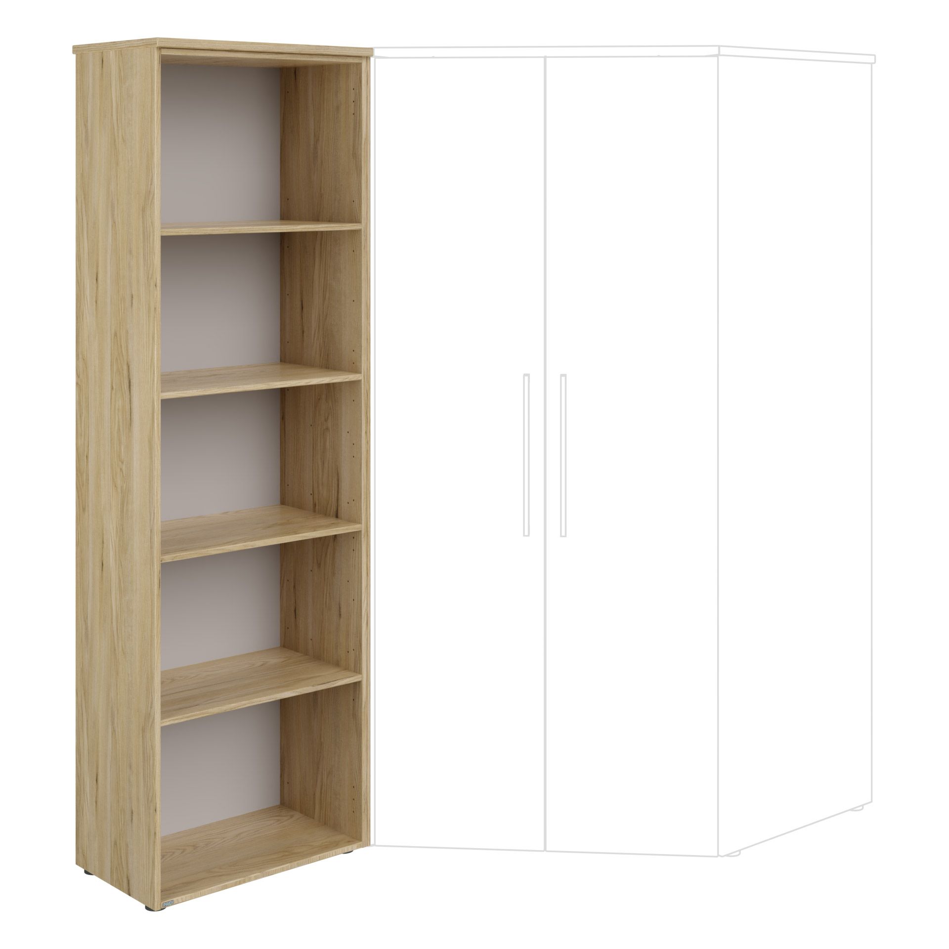 Holzregal mit fünf Fächern neben einem skizzierten Kleiderschrank.