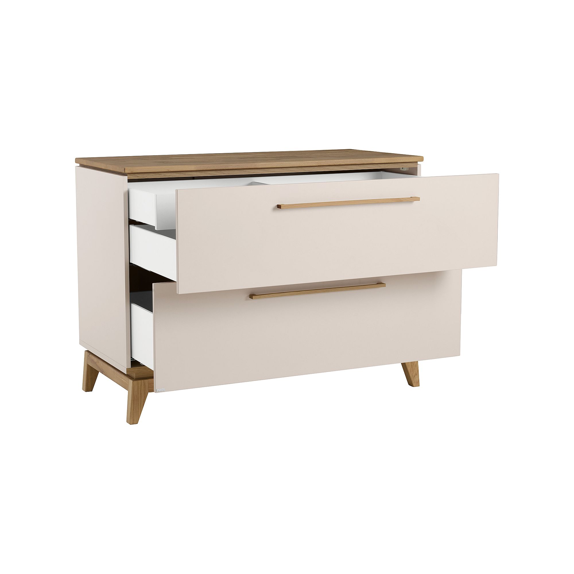 Moderne Kommode mit zwei offenen Schubladen, Holzplatte und abgewinkelten Beinen auf weißem Hintergrund.