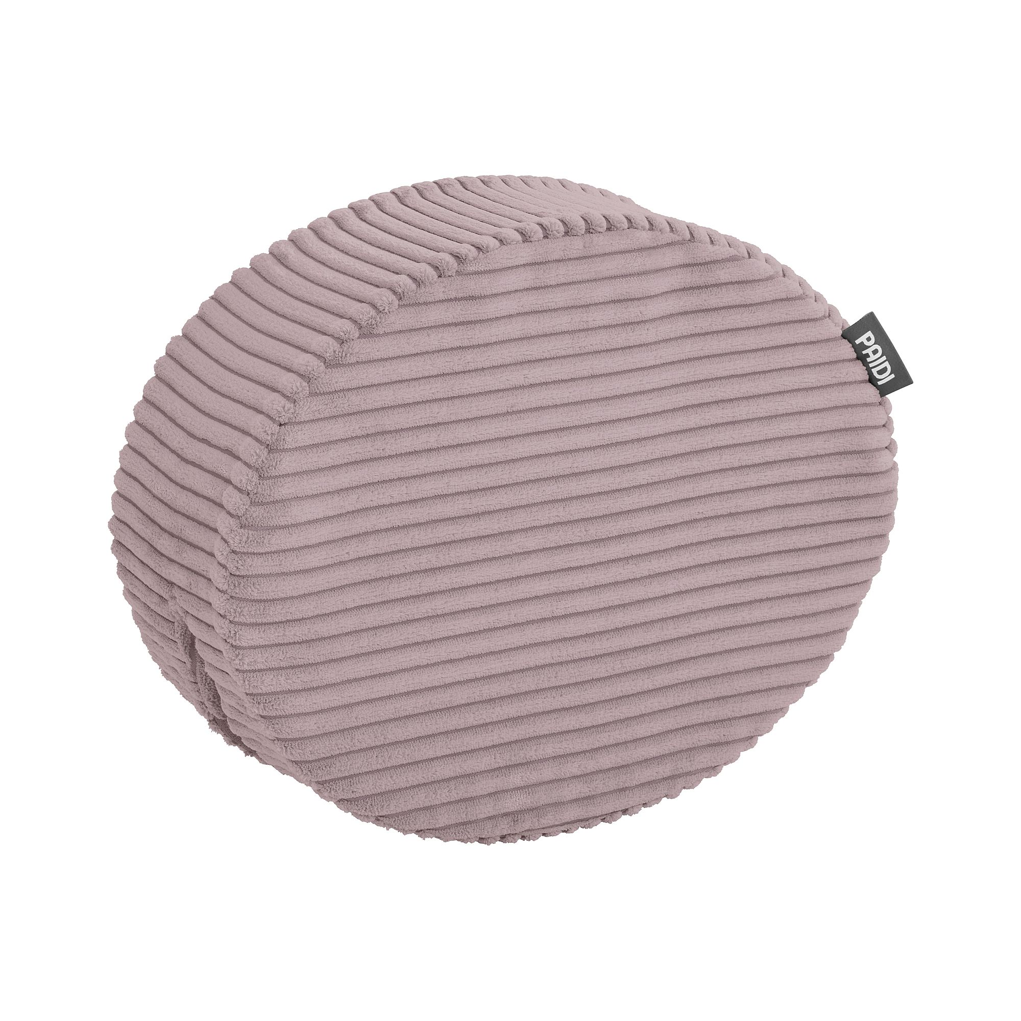 Rundes, geripptes mauvefarbenes Kissen mit einem Stoffanhänger an der Seite.