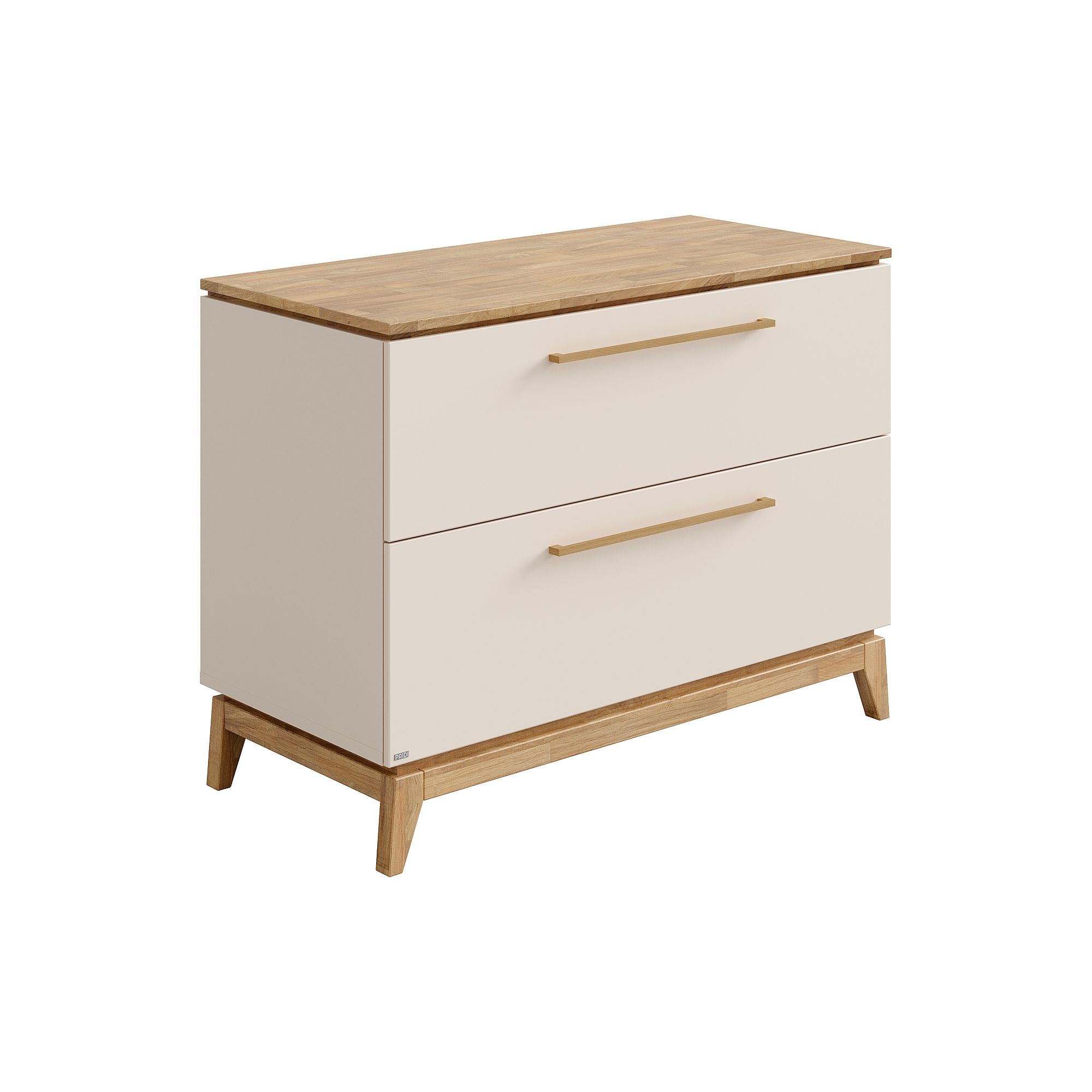 Kommode mit zwei Schubladen, Platte, Beine und Griffe aus hellem Holz, weiße Schubladenfronten.