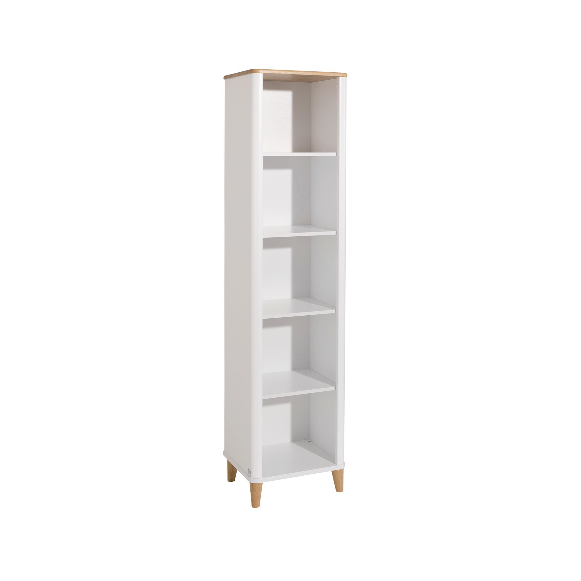 Standregal Lotte & Fynn - Steiff by PAIDI 5 offene Fächer Tall white bookshelf with five shelves and wooden legs on a white background.