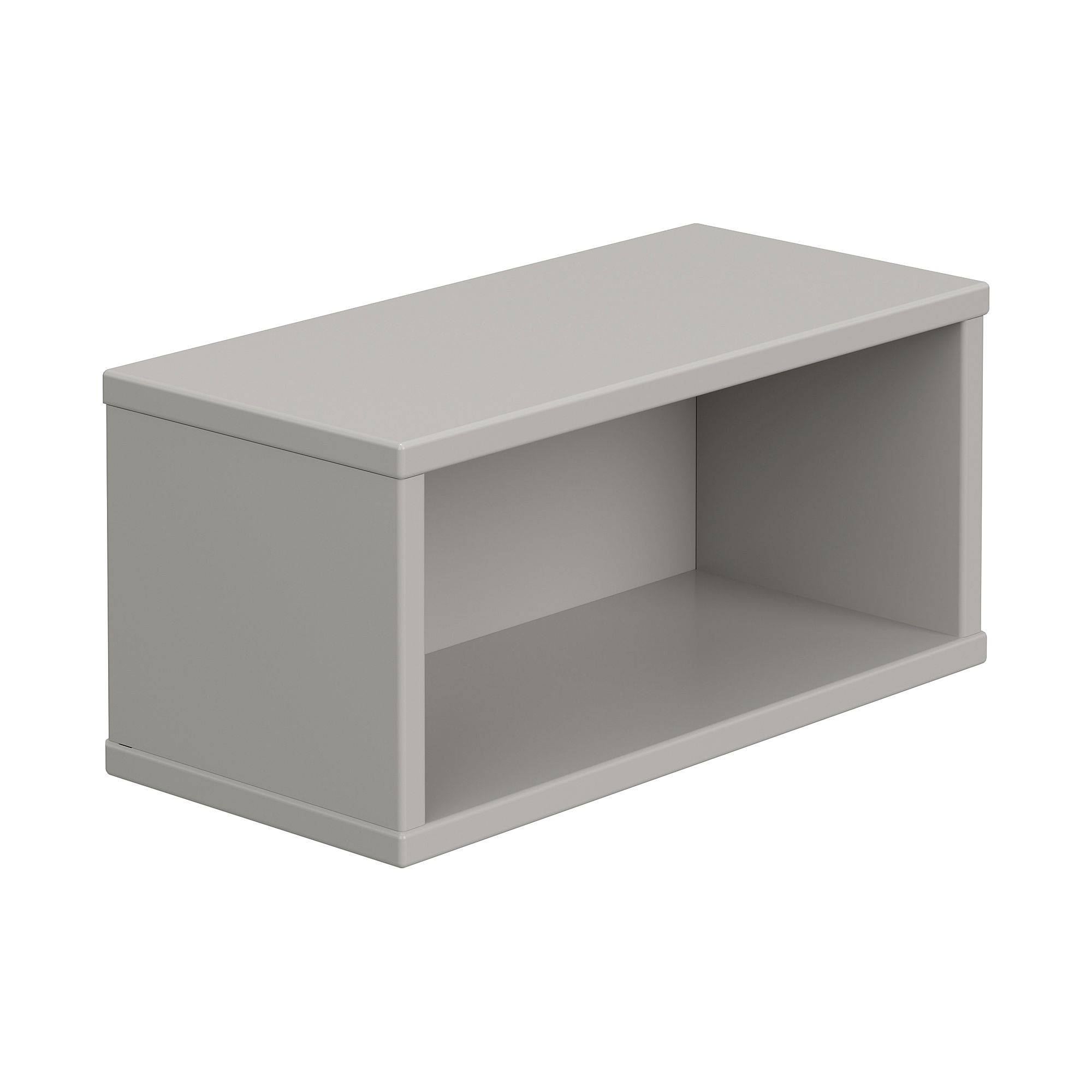 A rectangular, light gray open shelf box with no back panel.