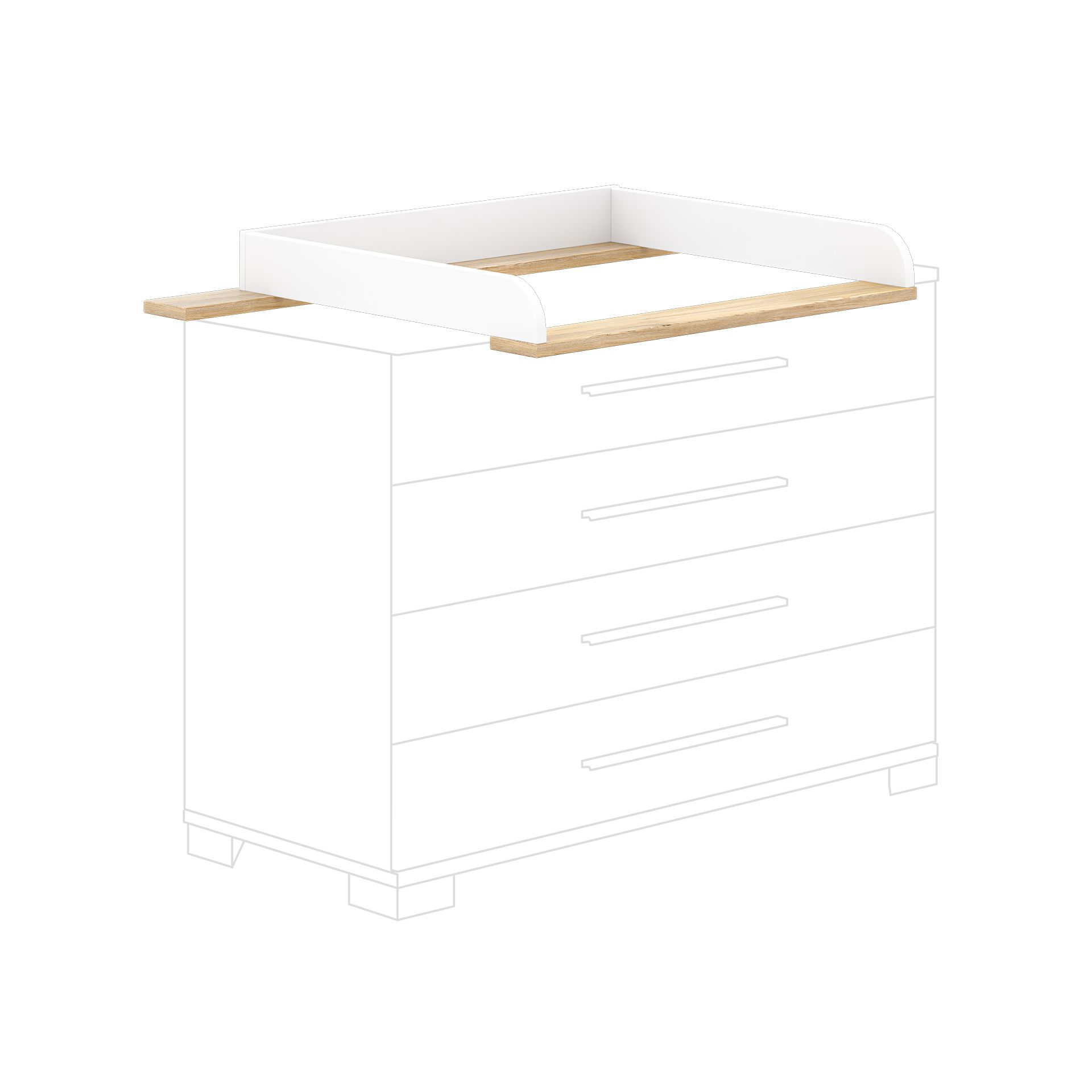 Wood and white changing table topper on an outlined dresser.