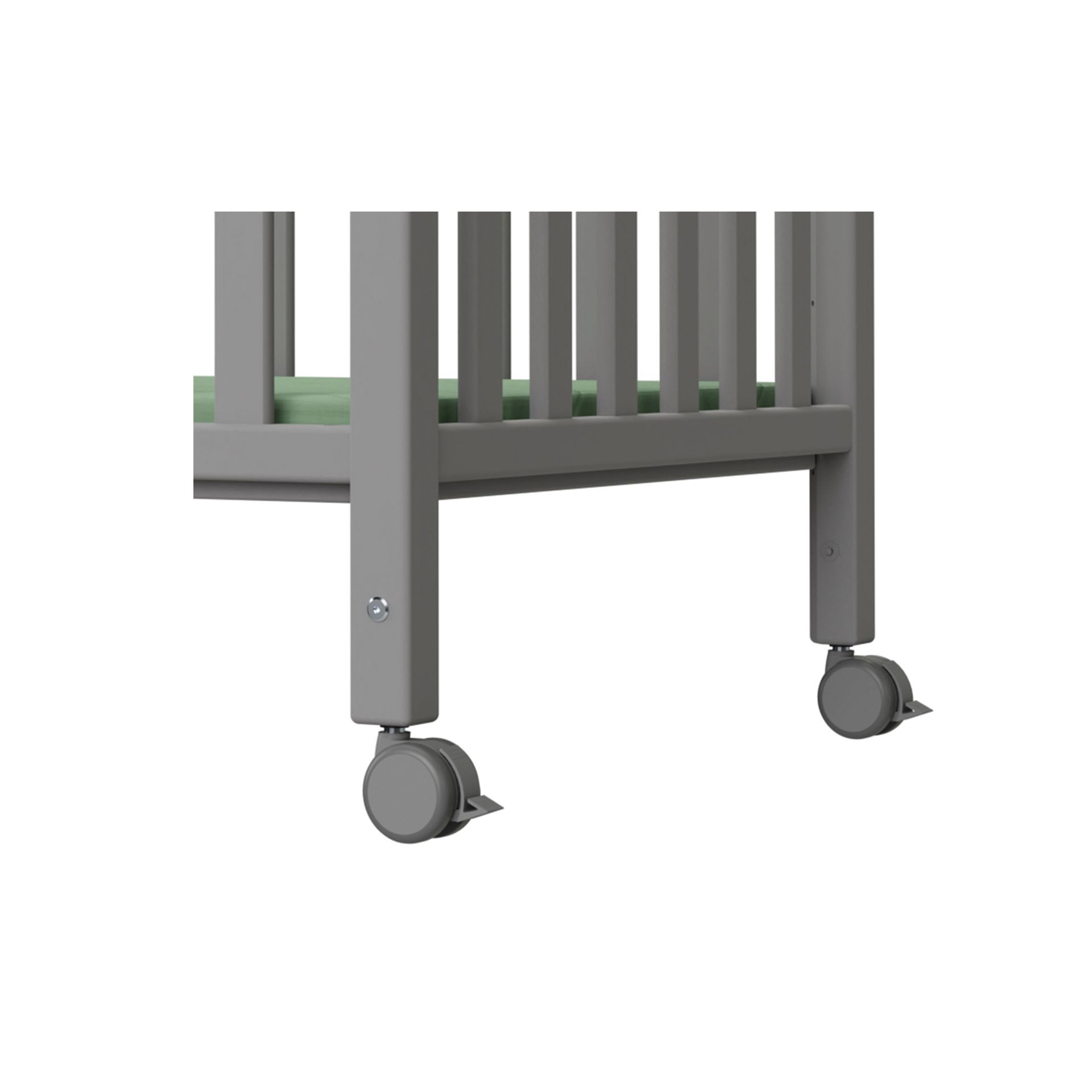 Close-up of gray crib legs with wheels on a white background.