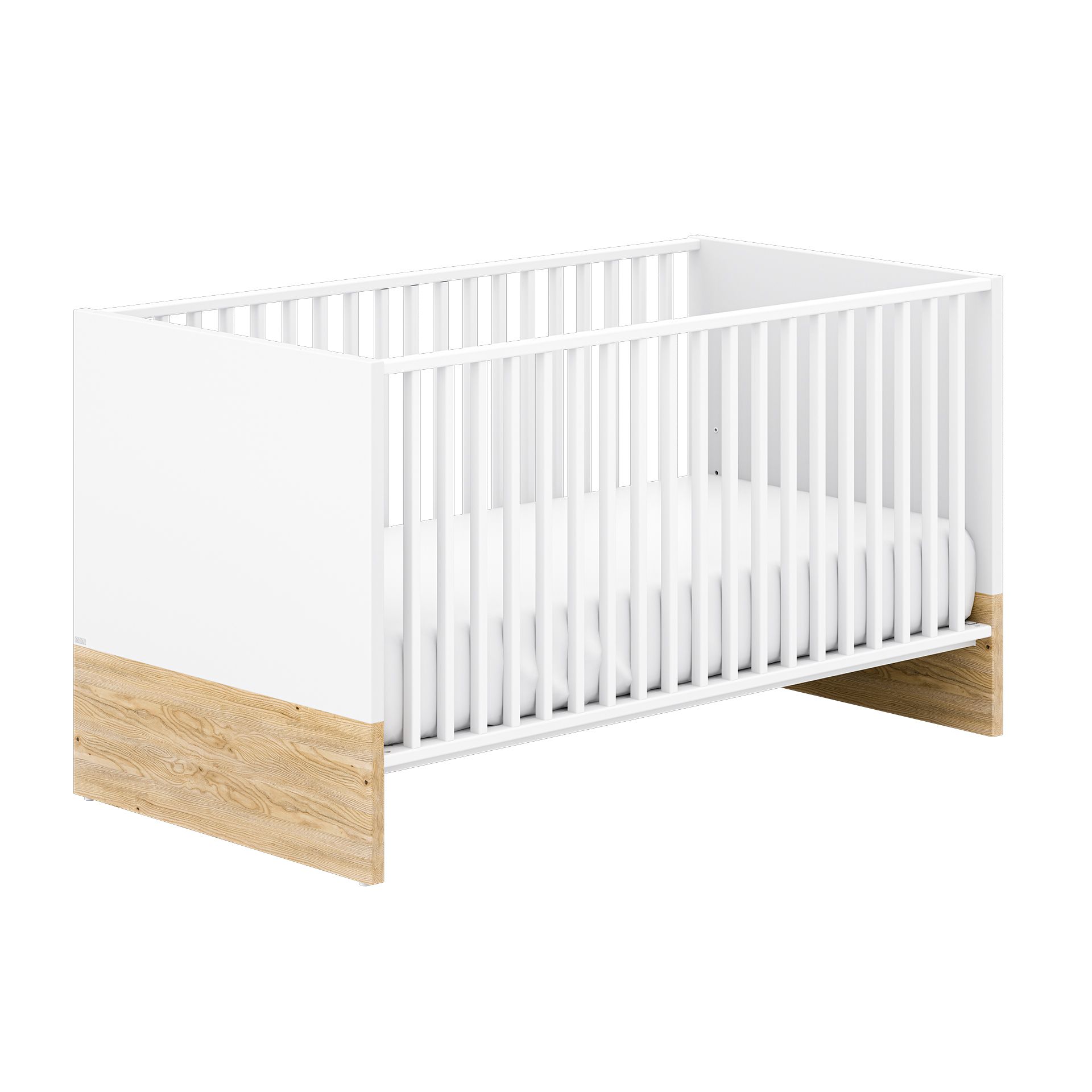 White baby crib with wood accents and a white mattress, shown on a white background.