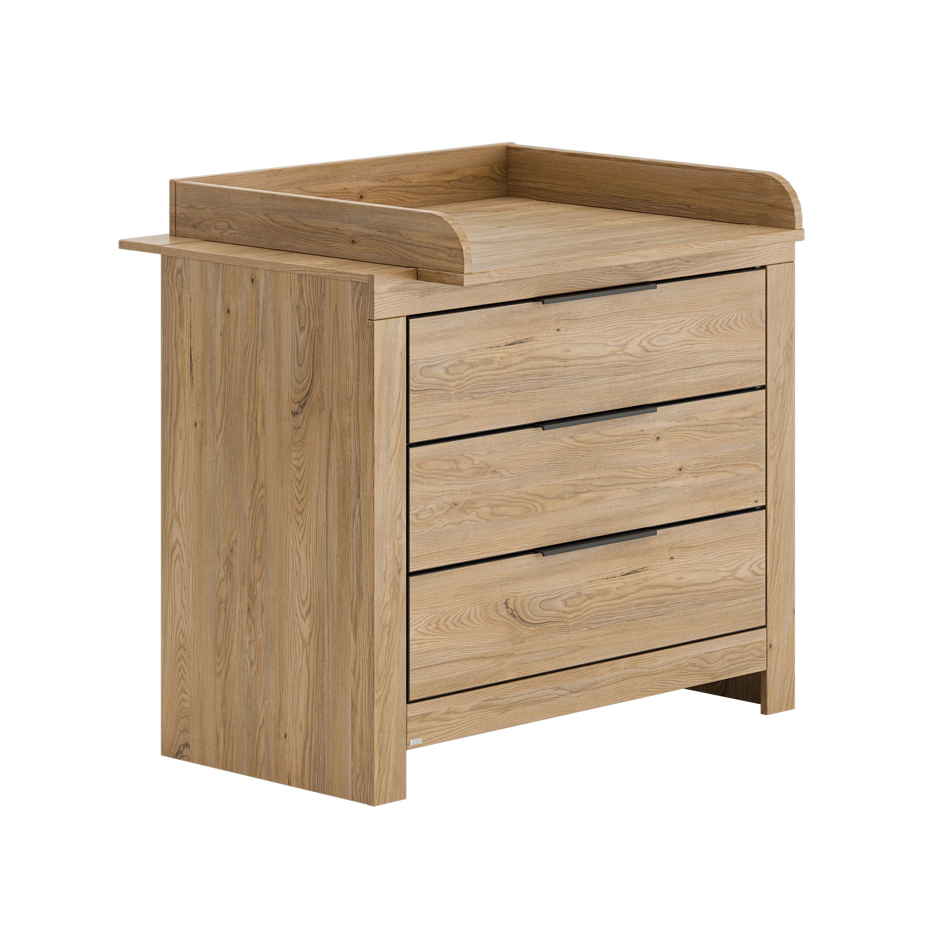 Kommode aus Holz mit drei Schubladen, erhöhten Seiten und einer Wickelkommode.