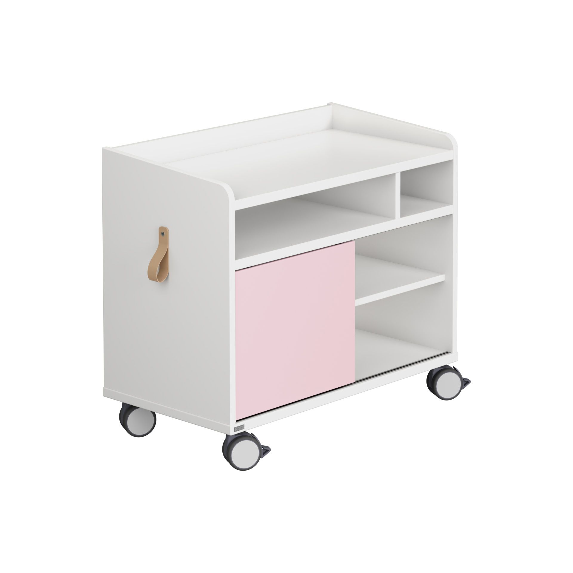 White rolling storage cart with shelves and a pink sliding door on wheels.