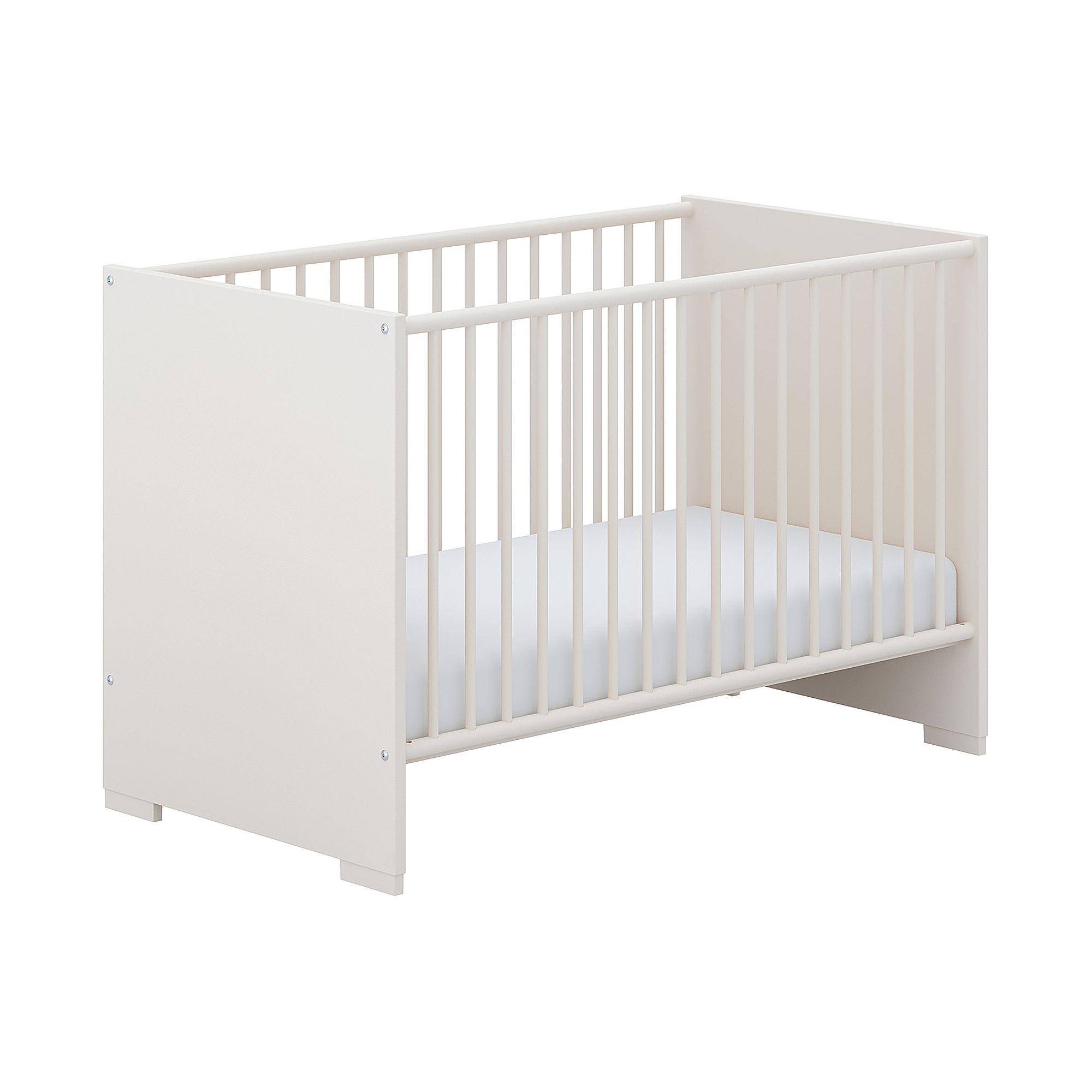 Babybett Pomeline 60 x 120 cm Weißes Holz-Babybett mit vertikalen Latten und einer leichten Matratze im Inneren.