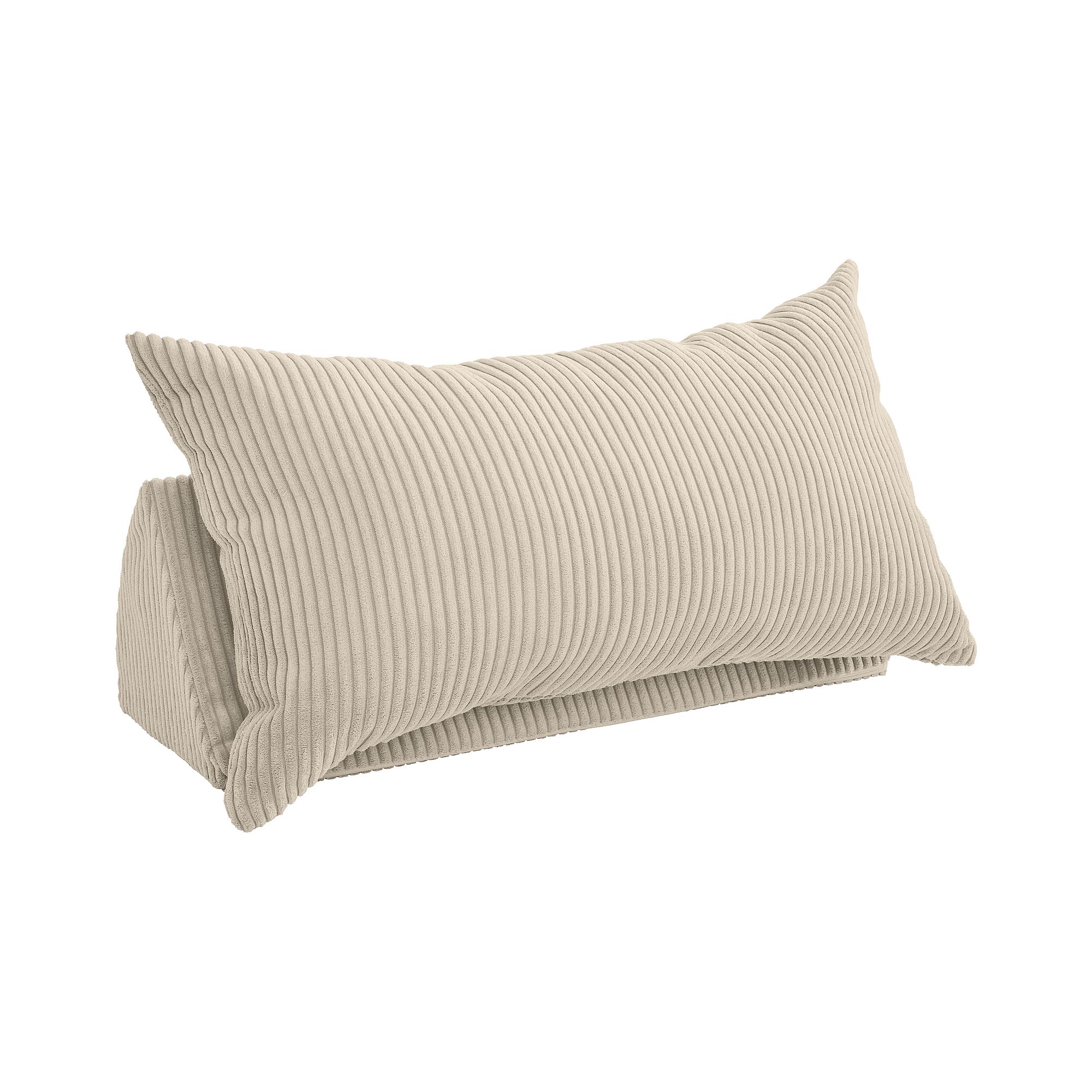 Beigefarbenes, keilförmiges Cordkissen mit passendem, geripptem Bezug.