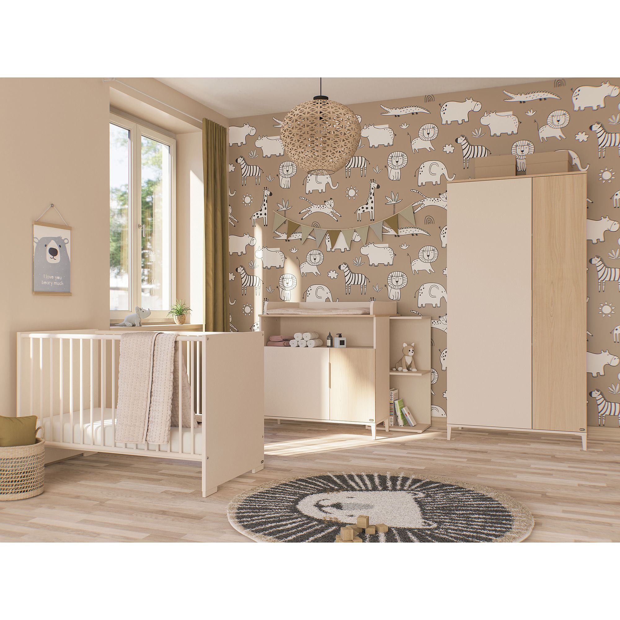 Modernes Kinderzimmer mit Tiertapete, Kinderbett, Kleiderschrank und Naturholzmöbeln.