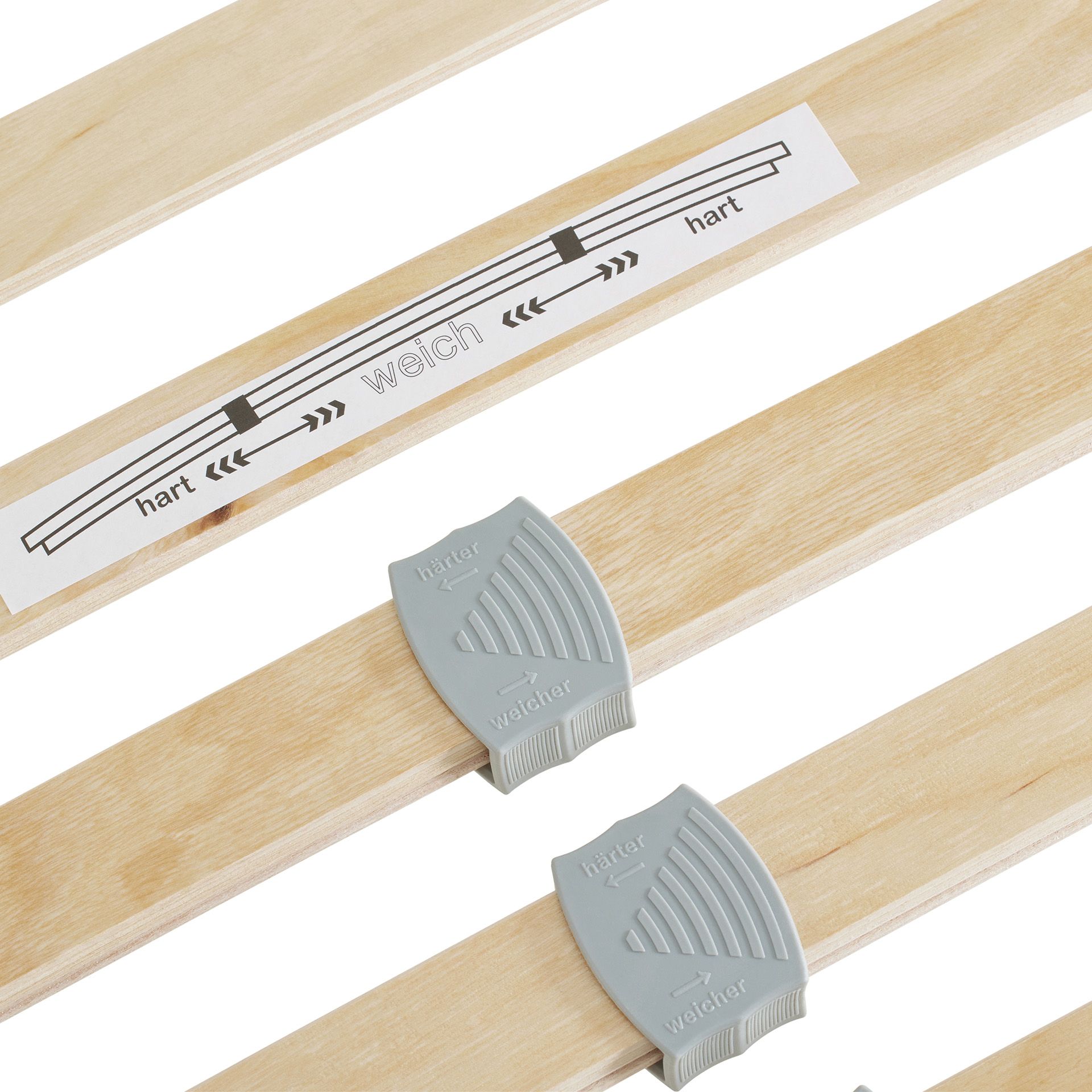 Lattenrost  Comfort mit Härteverstellung in 90 x 190 cm Holzlatten mit verstellbaren Schiebern mit der Bezeichnung hart und weich für die Festigkeit.