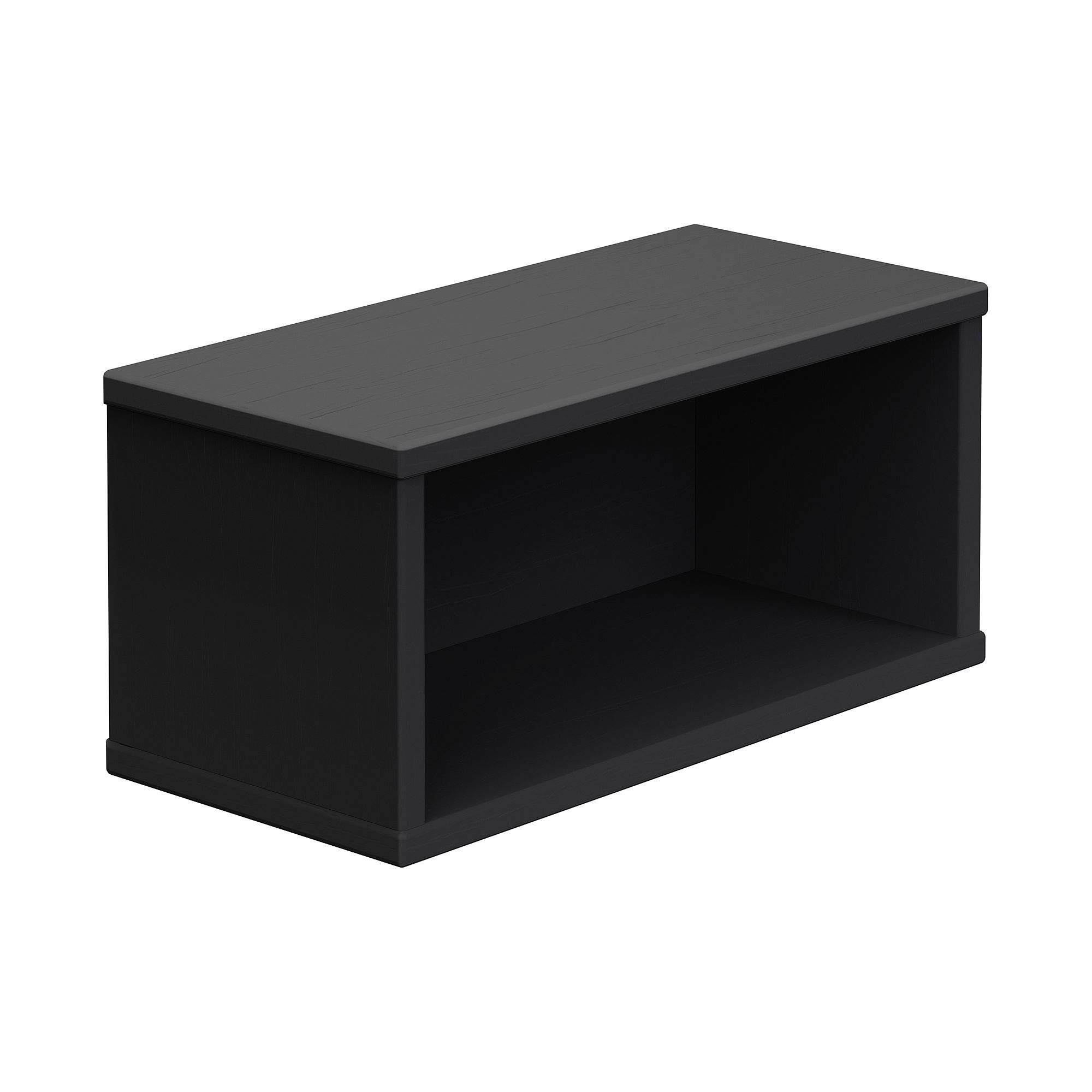 Black rectangular open shelf with a single compartment, viewed on a white background.