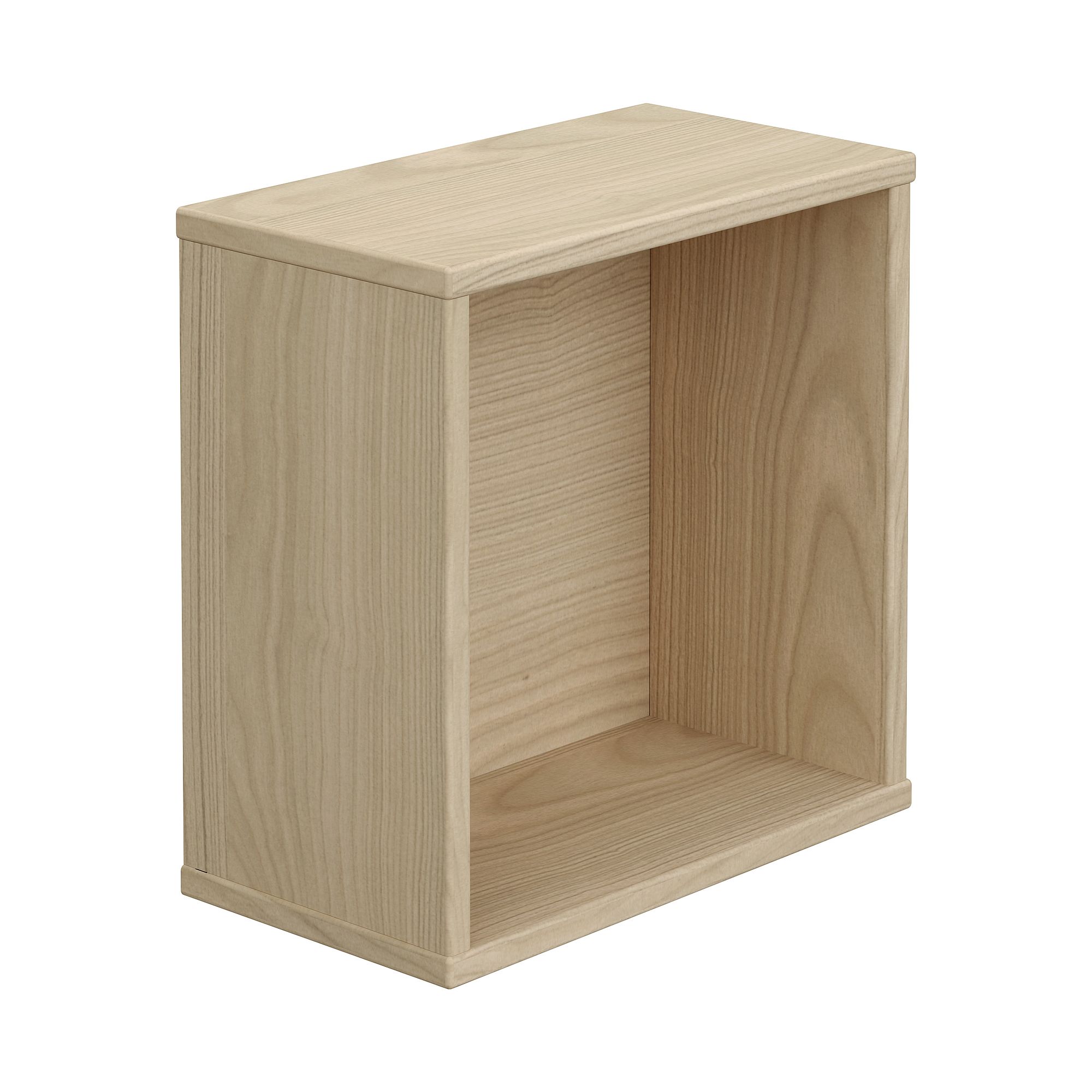 A light wood rectangular open storage box with visible grain patterns.
