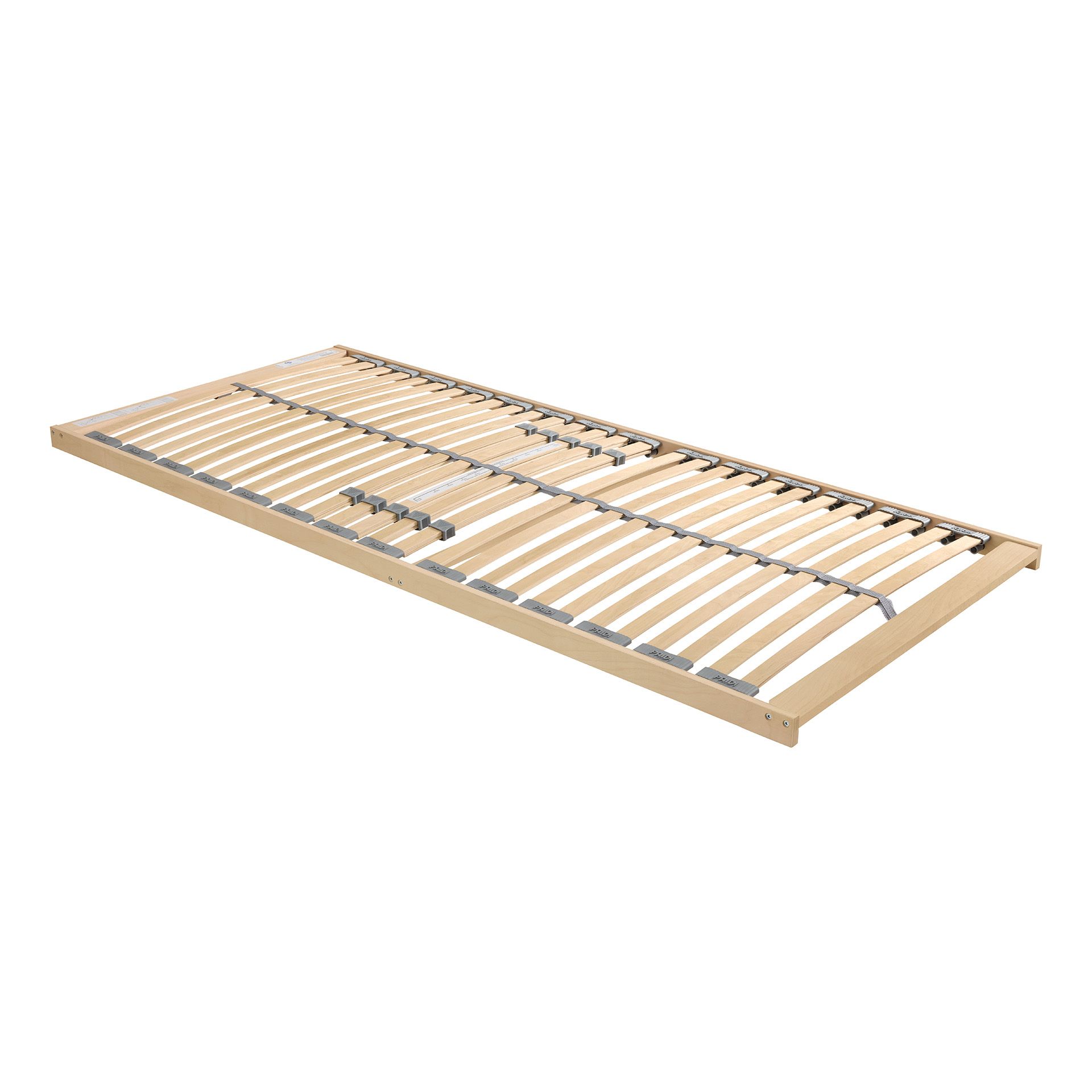 Wooden bed slatted frame with metal joints, viewed from an angle.