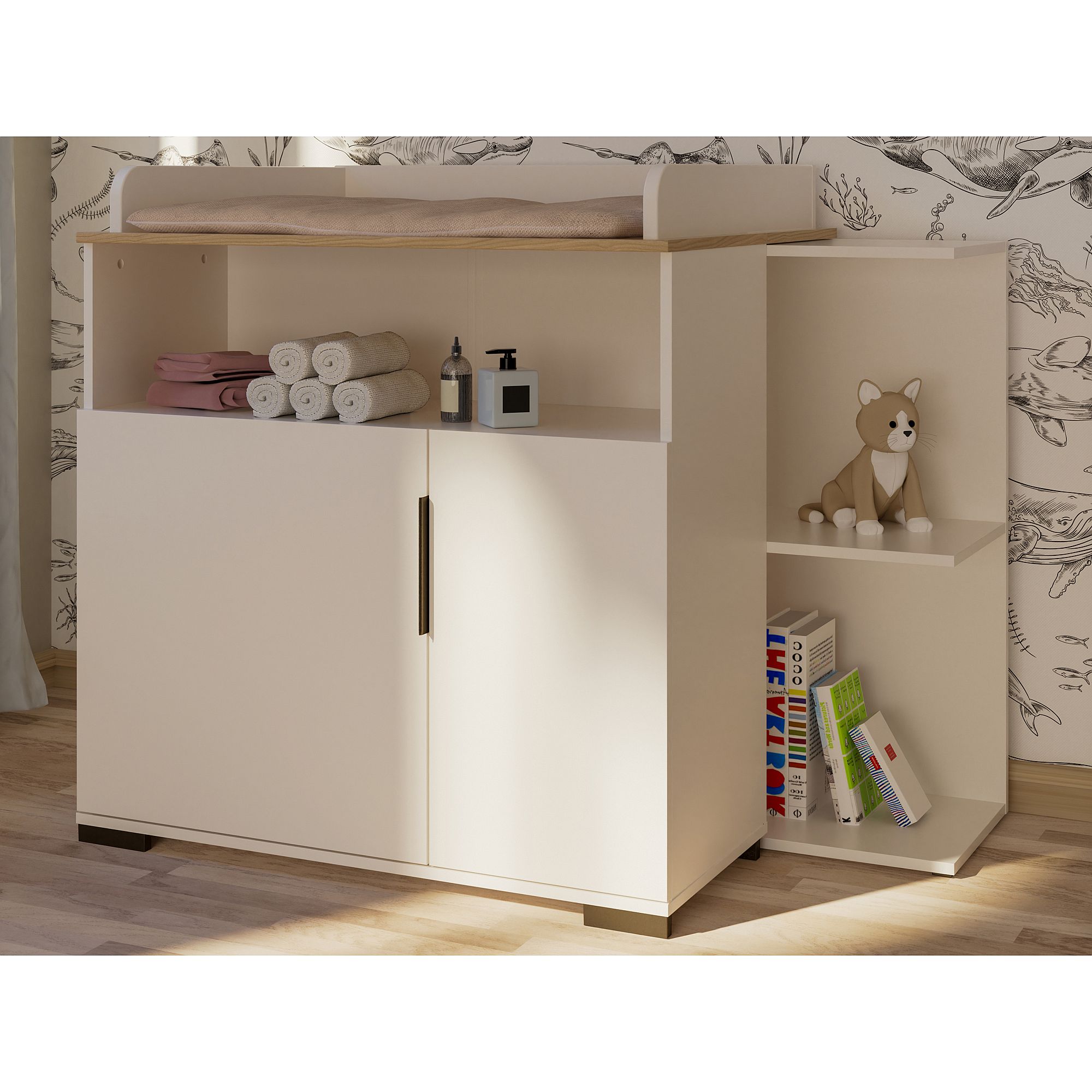 White nursery changing table with shelves, towels, toys, books, and a teddy bear.