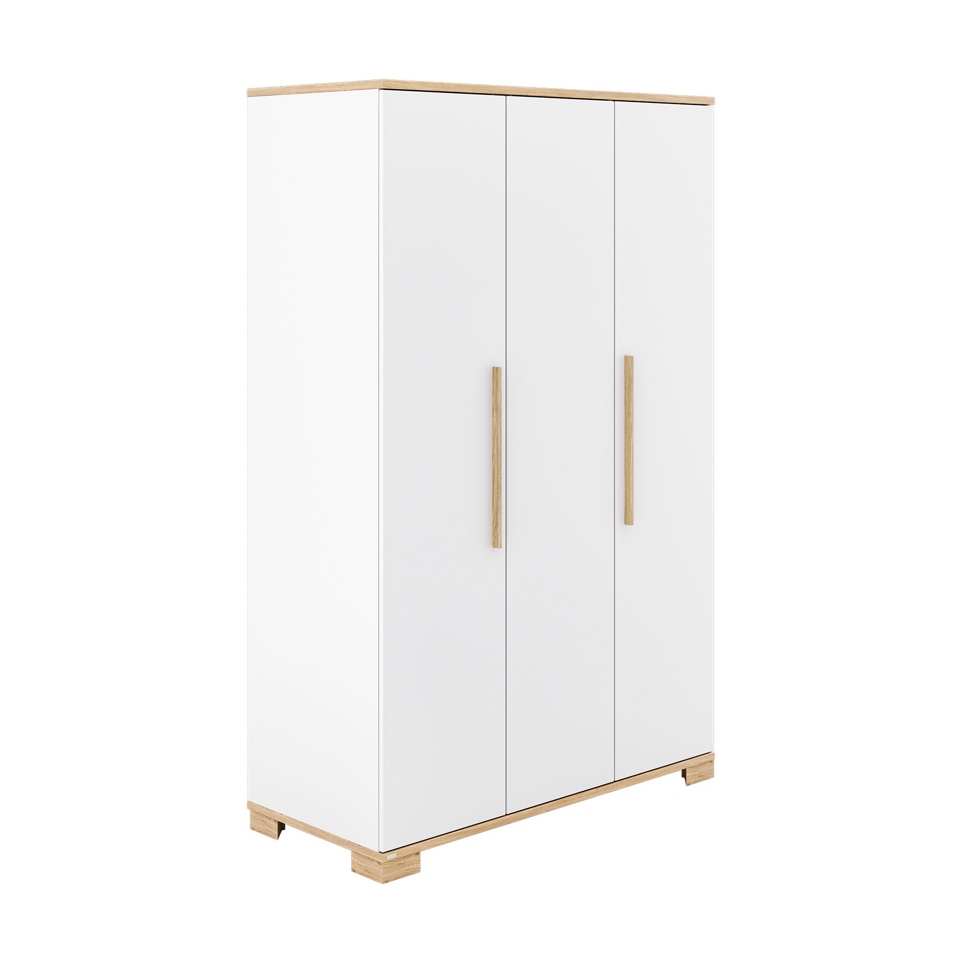 Drehtürenschrank Yolanda mit 3 Türen Weißer dreitüriger Kleiderschrank mit Holzgriffen und -leisten, auf kurzen Beinen stehend.