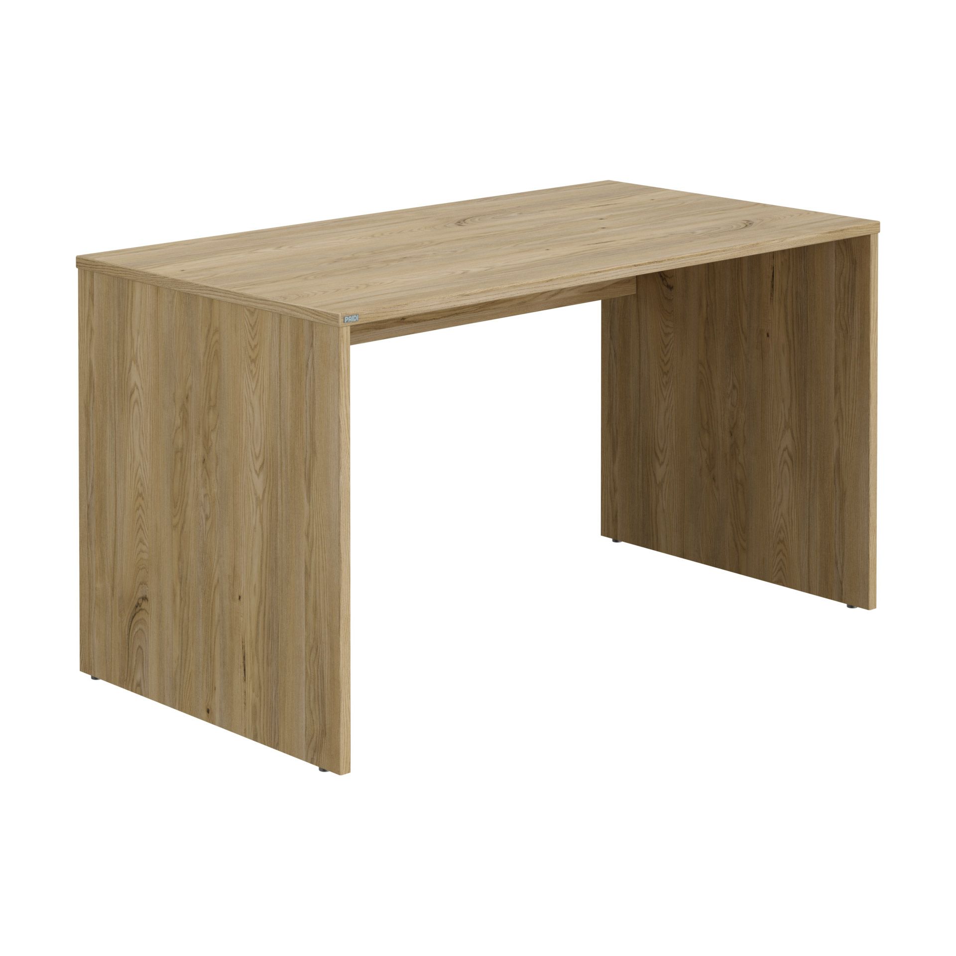 Einfacher rechteckiger Holzschreibtisch mit natürlicher Holzmaserung und ohne Schubladen oder Regale.