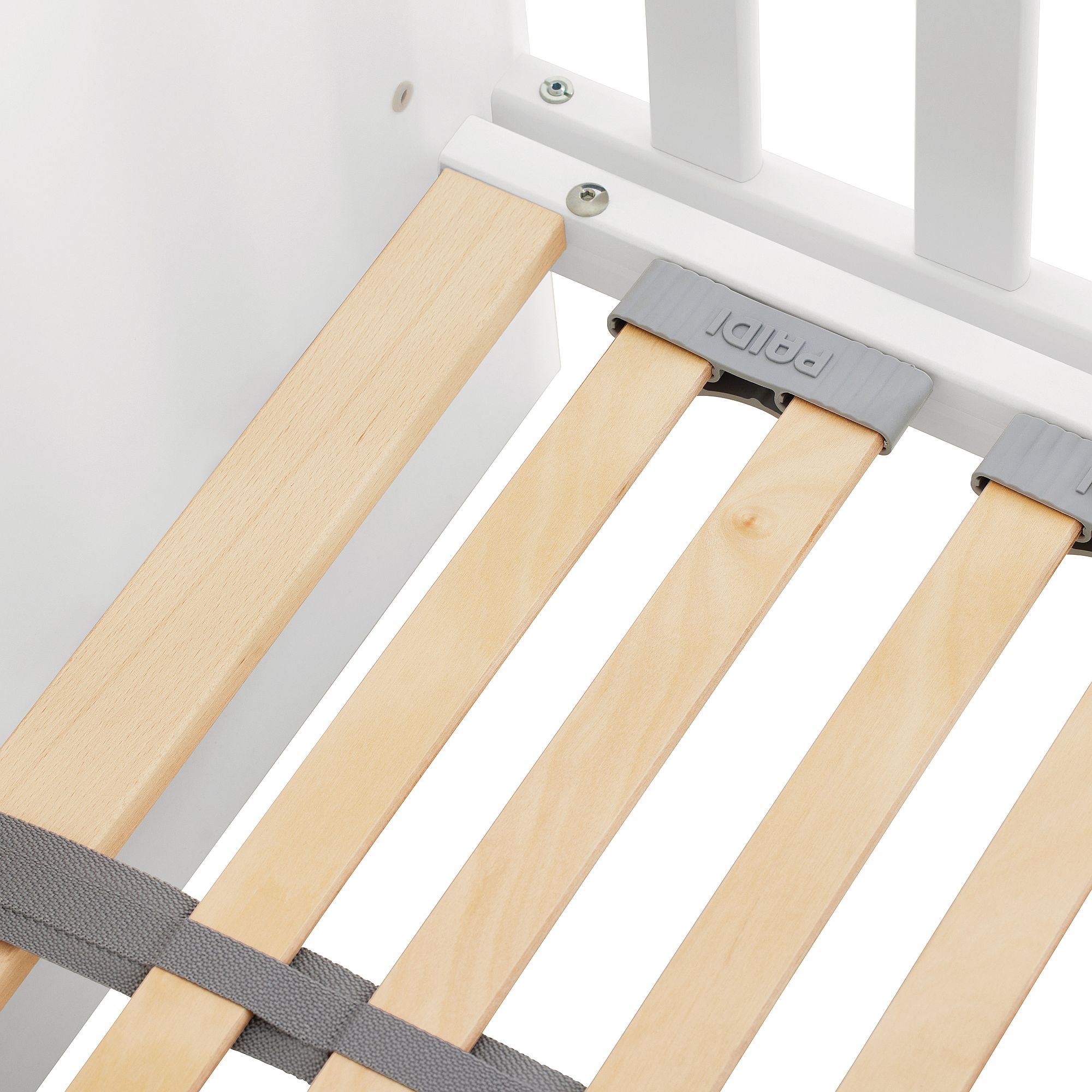 Nahaufnahme von Holzlatten mit grauen Gurten und weißem Rahmen.