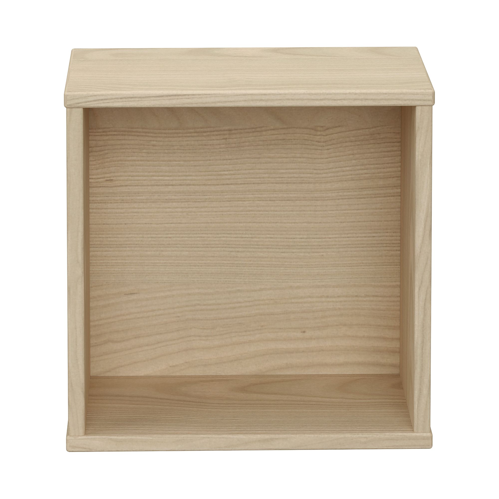 A plain, empty light wood square shelf against a white background.