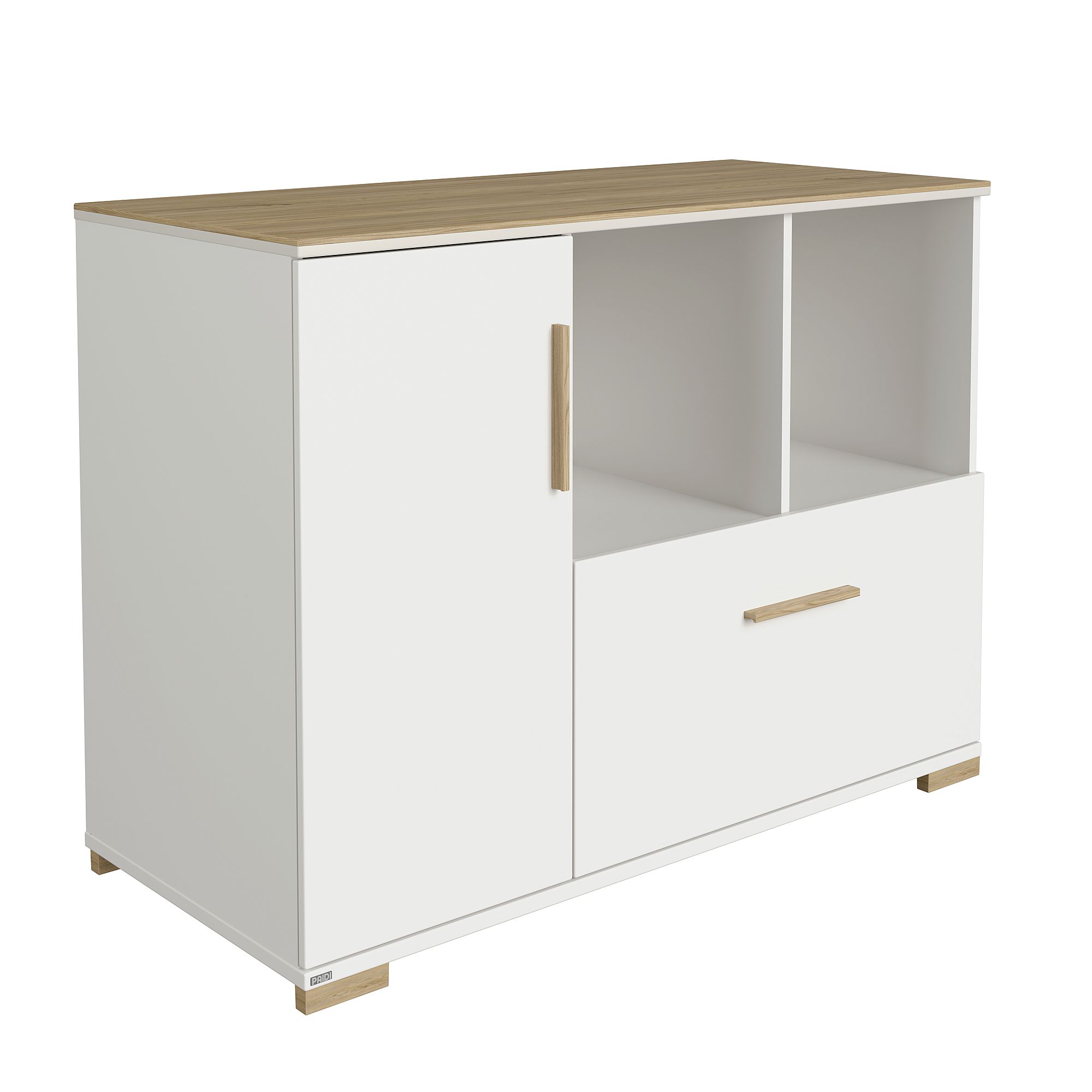 Weißer Schrank aus Holz mit einer Tür, zwei offenen Einlegeböden und einer großen Schublade.
