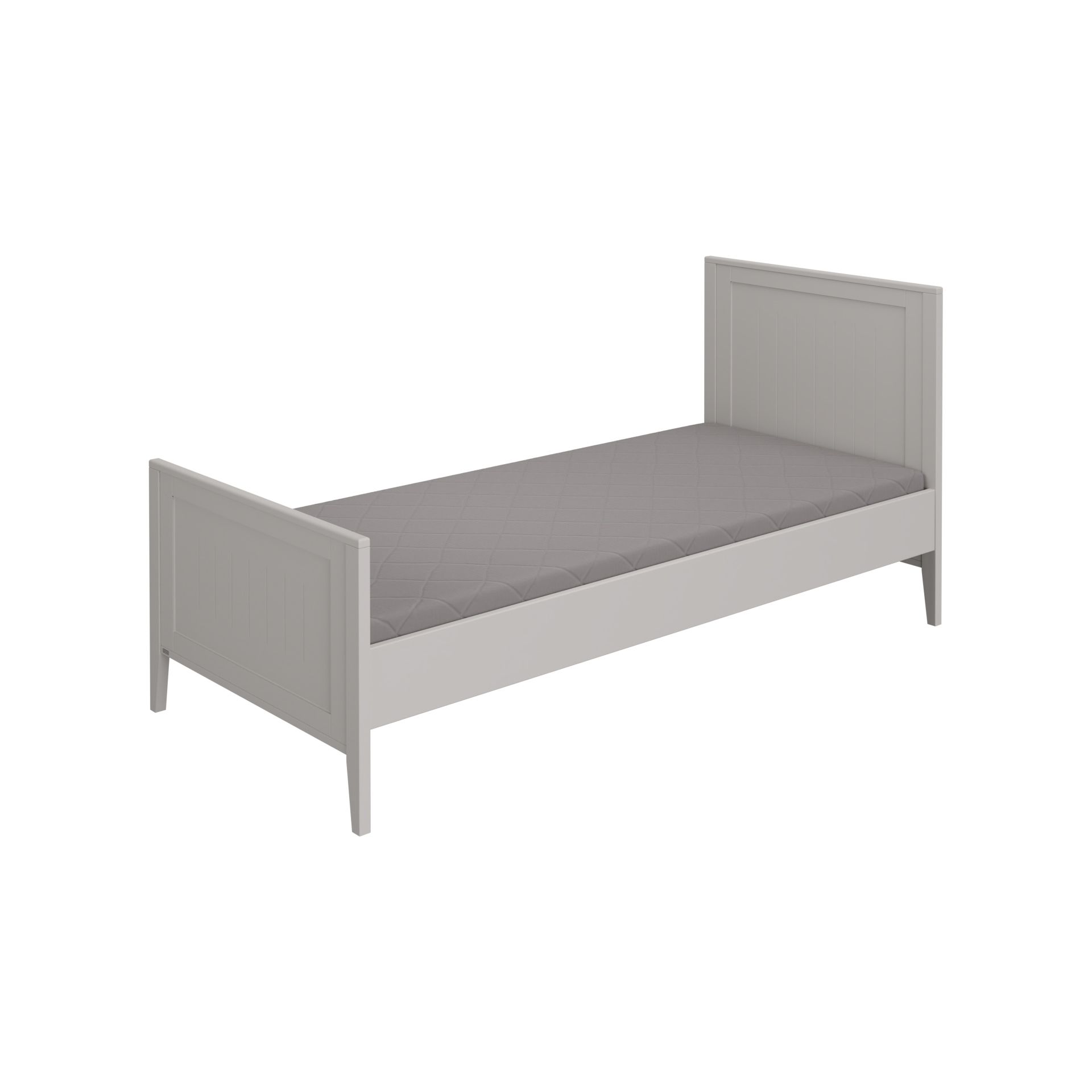 A simple gray single bed with a high headboard and footboard.