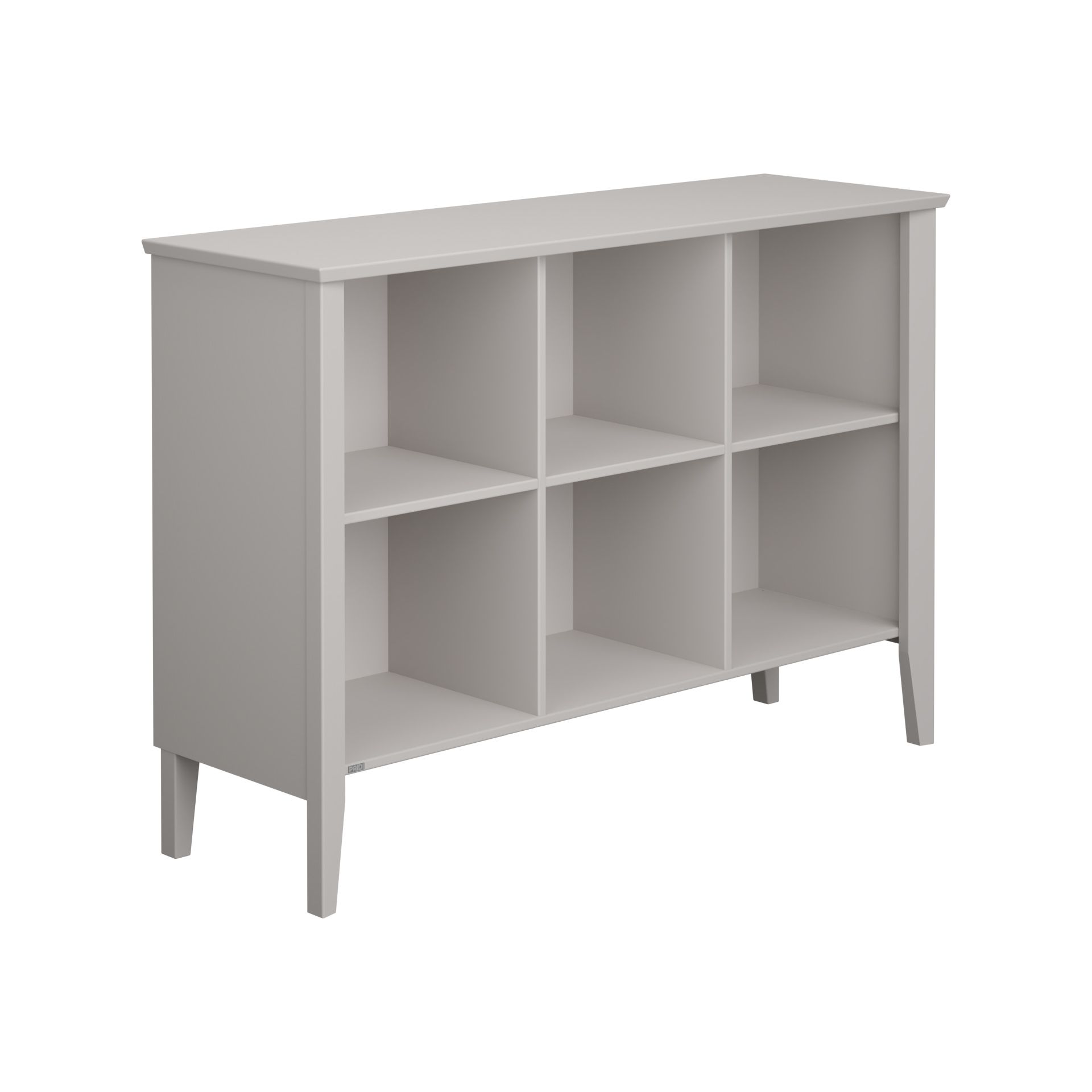 A gray six-cube storage organizer shelf with four legs.