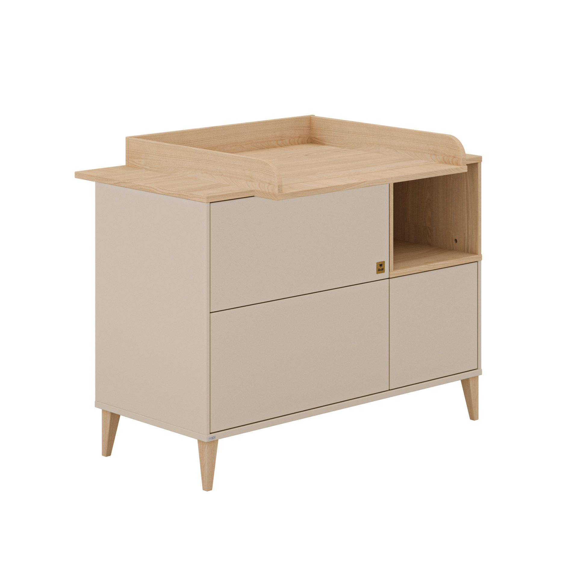 Helles Holz und beigefarbene Wickelkommode mit Schubladen und offenen Fächern.