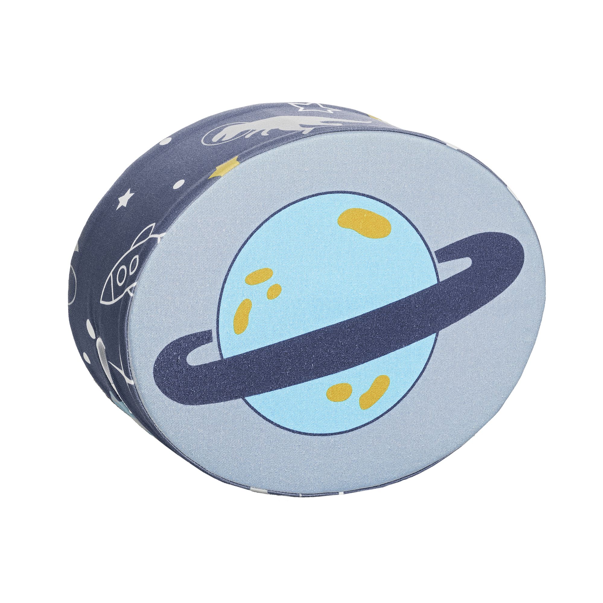 Steckkissen Baumwolle, Motiv "Dinos im Weltall", 35 x 28 x 12 cm, Blauer Planet Round blue ottoman with a cartoon planet and space-themed designs.