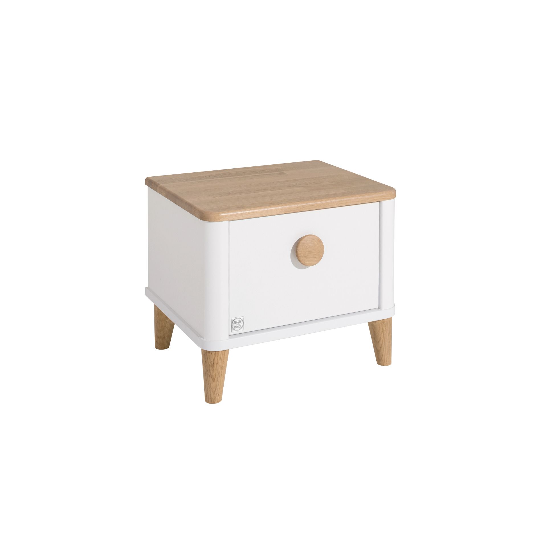 Small white nightstand with wooden legs and top, featuring a single drawer.
