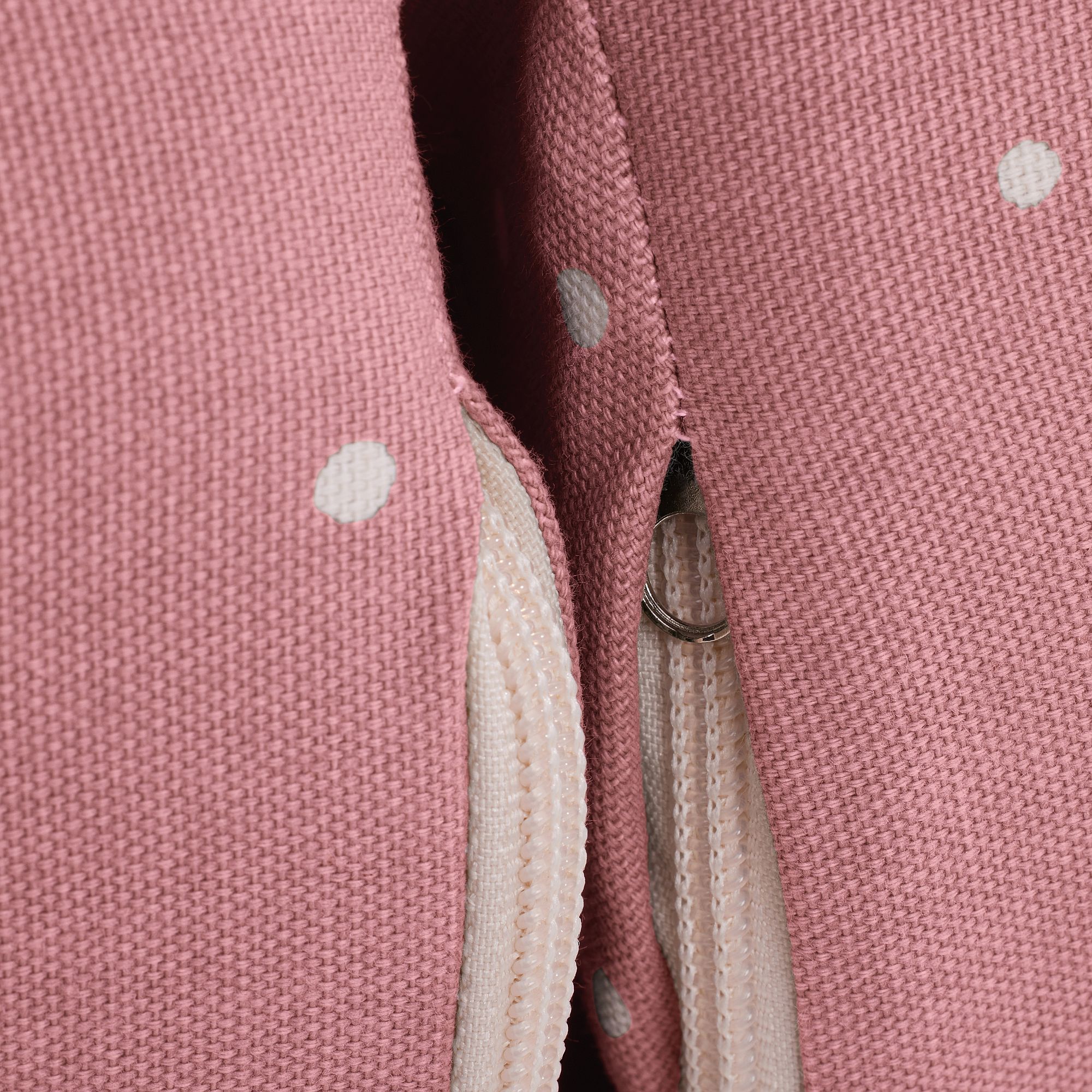 Nahaufnahme eines rosafarbenen Stoffes mit weißen Tupfen und einem teilweise geöffneten weißen Reißverschluss.
