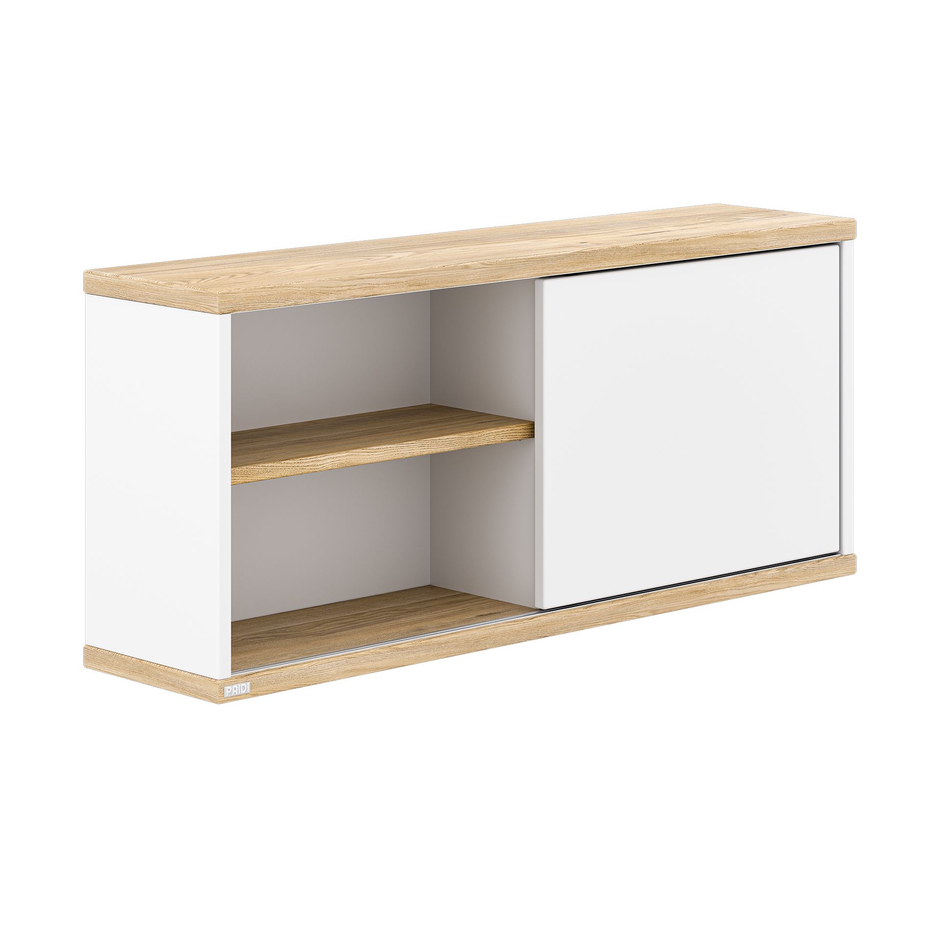White and wood cabinet with open shelves on the left and a sliding door on the right.