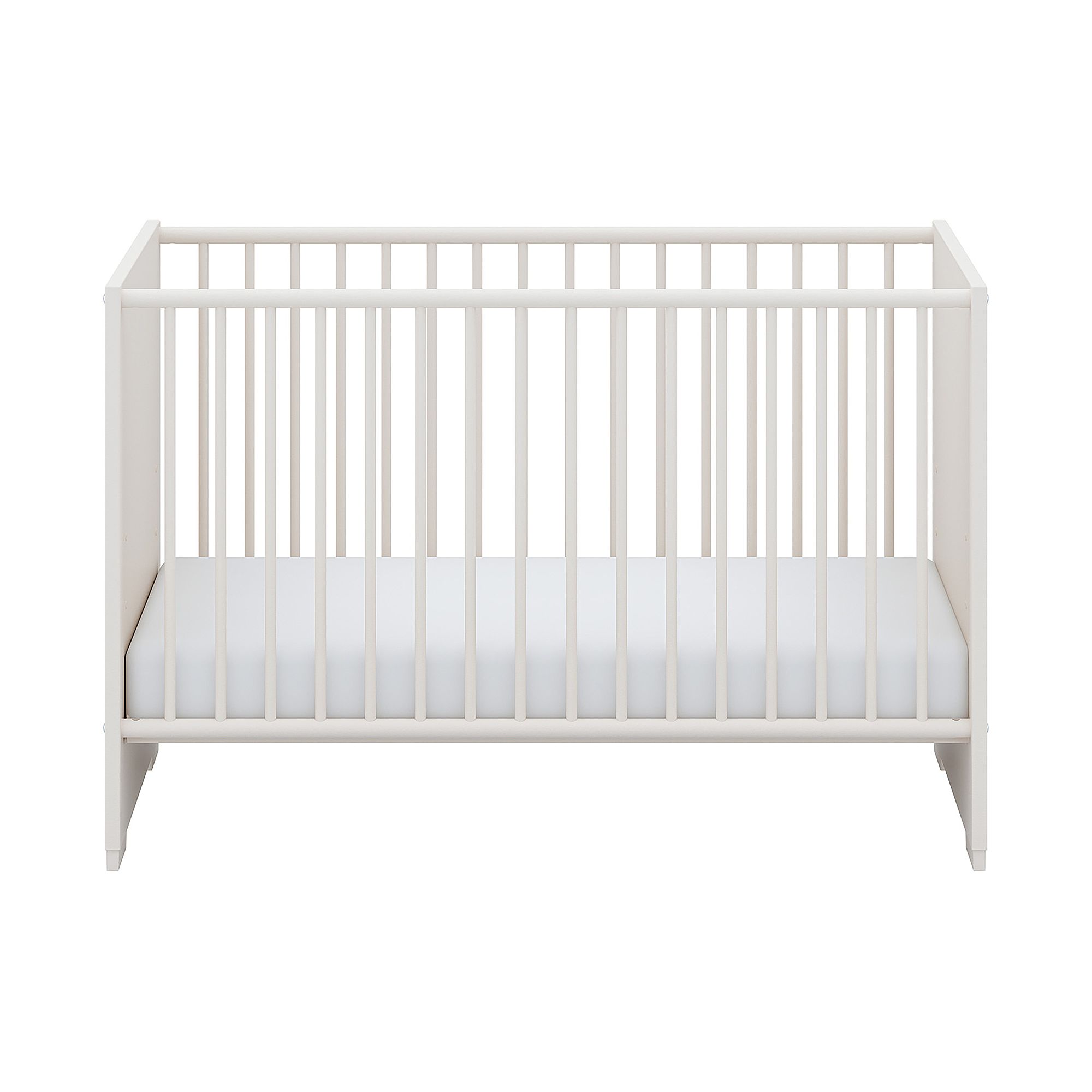 Babybett Pomeline 60 x 120 cm Weißes Holz-Babybett mit vertikalen Latten und einer Matratze, Vorderansicht.