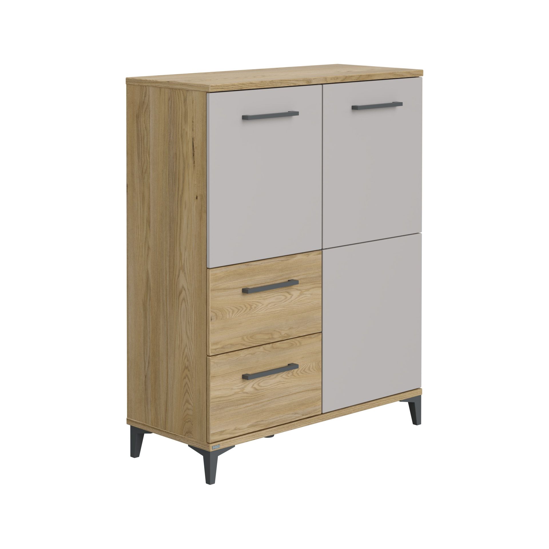 Moderner Holzschrank mit zwei grauen Türen und zwei Schubladen, auf schwarzen Beinen.