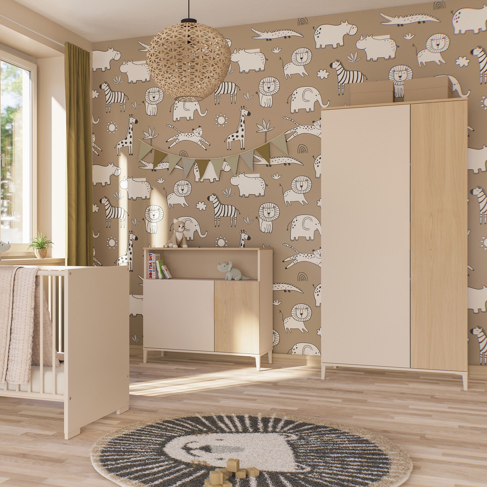 Modern nursery with animal wallpaper, crib, wardrobe, and natural wood accents.