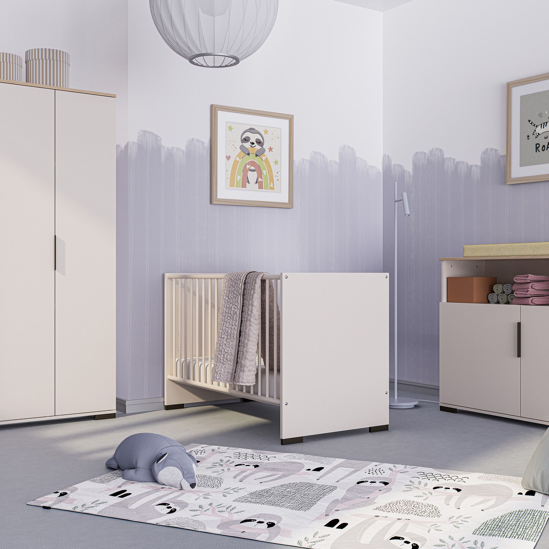 Minimalist nursery with white furniture, crib, and playful animal-themed decor.