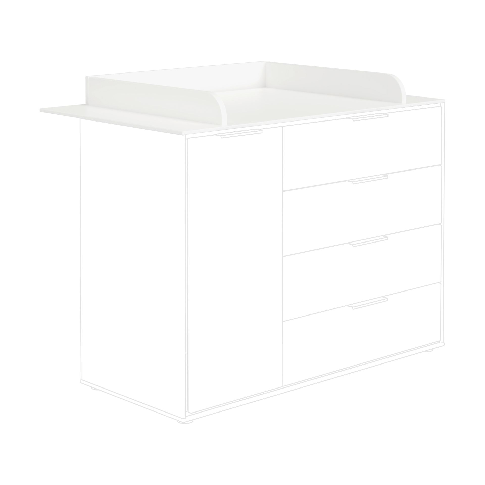 Weiße Kommode mit vier Schubladen und einem erhöhten Wickeltisch auf der Oberseite.