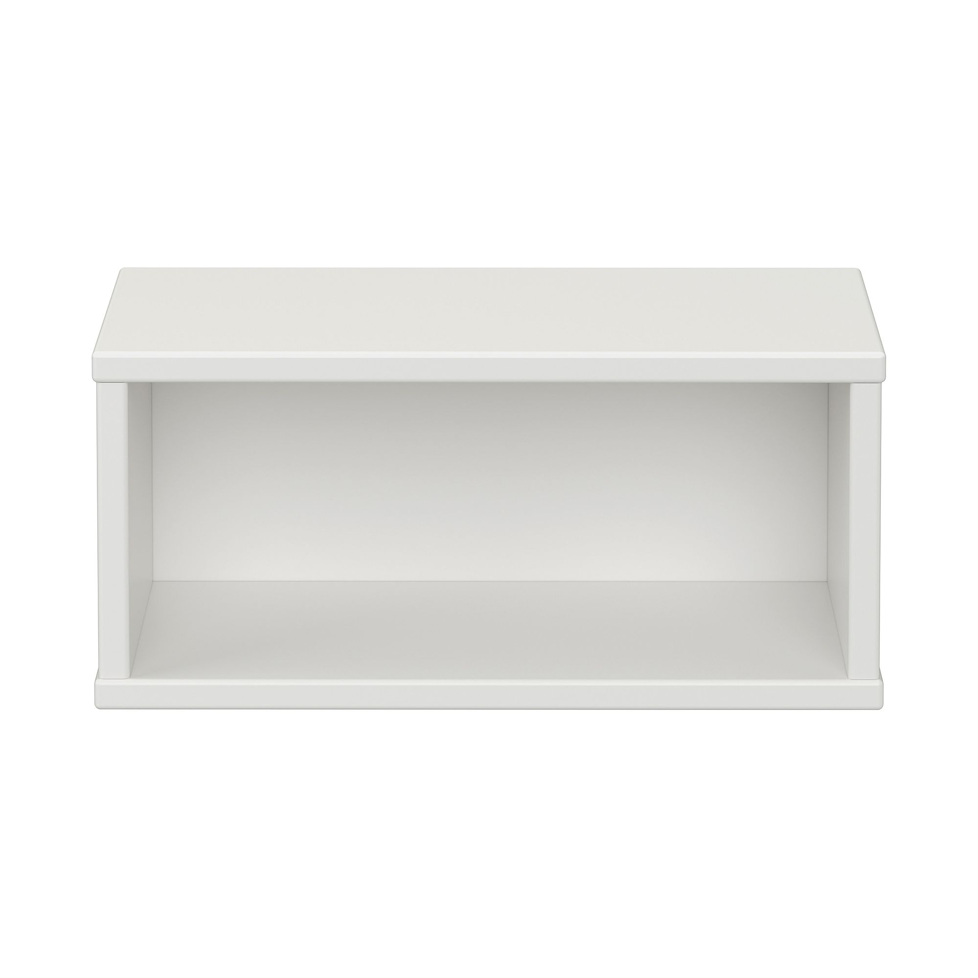 White rectangular open shelf viewed from the front against a white background.