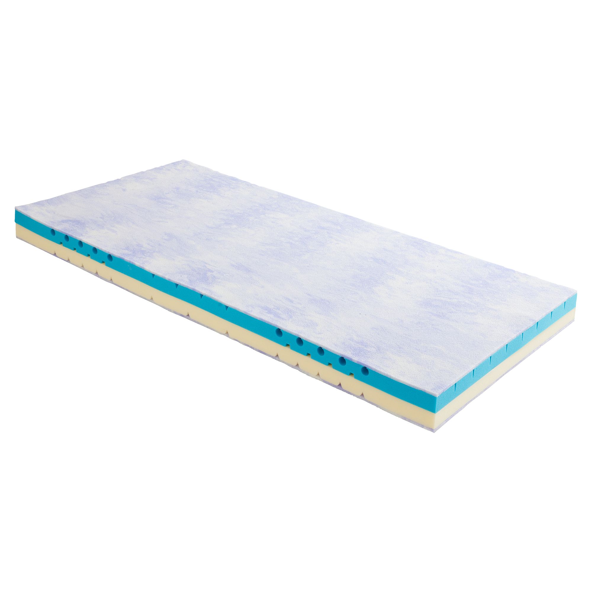 Rechteckige Schaumstoffmatratzenauflage mit blau-weiß marmorierter Oberfläche und geschichteten Seiten.